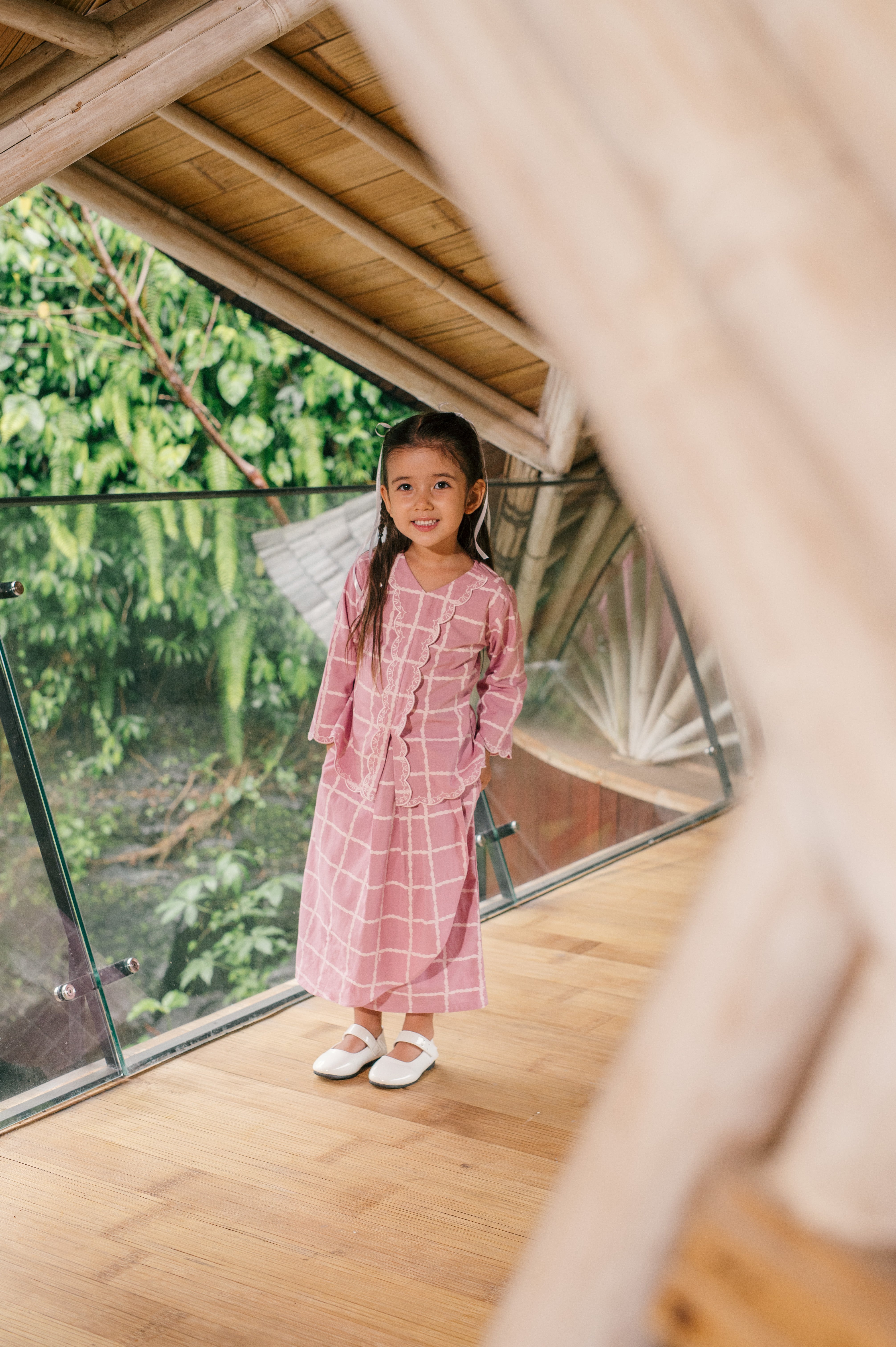 The Embun Collection Girl Embroidered Fitted Kebaya in Checked Pink