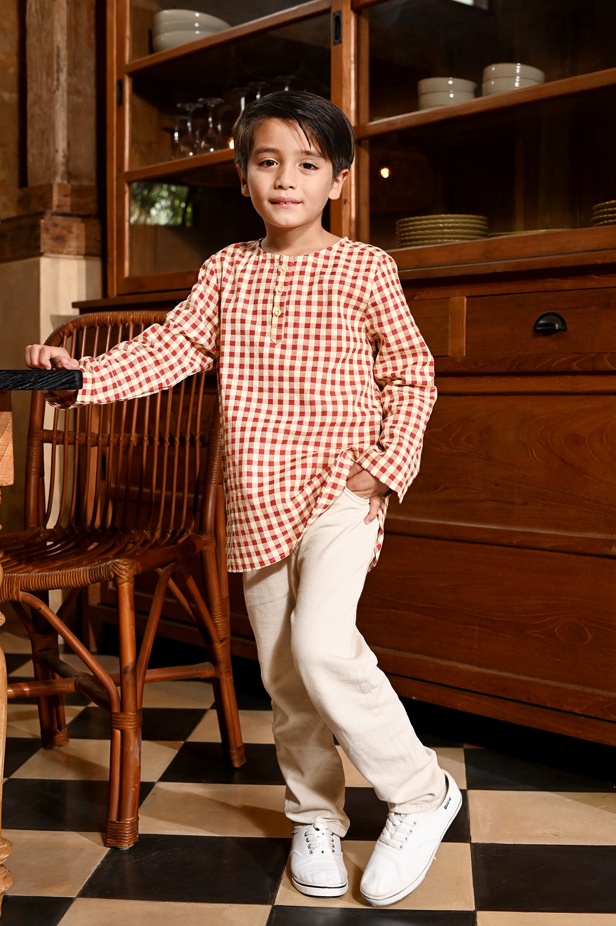 The Nusantara Collection Boy Long Sleeve Kurta Checked Red