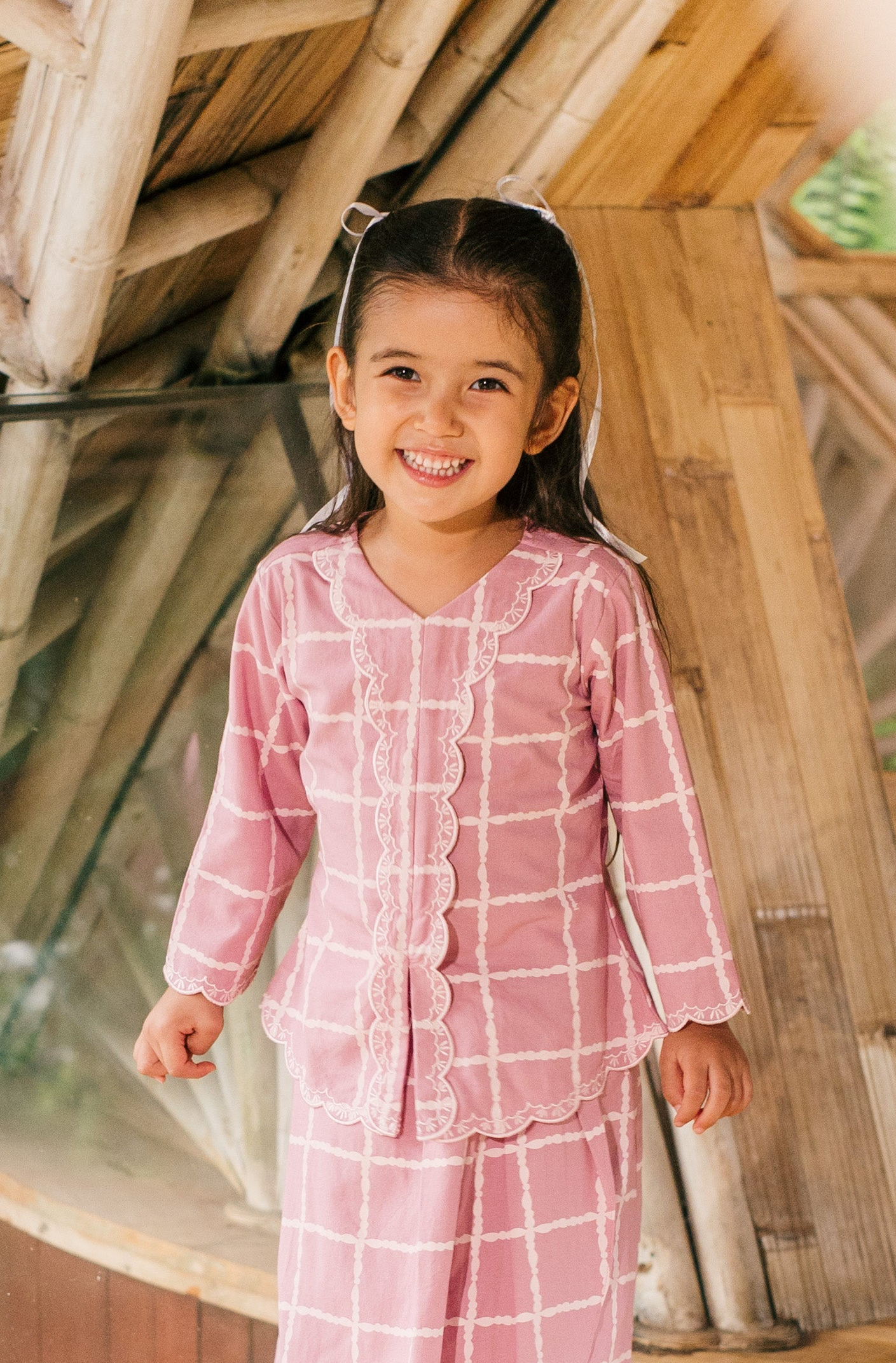 The Embun Collection Girl Embroidered Fitted Kebaya in Checked Pink