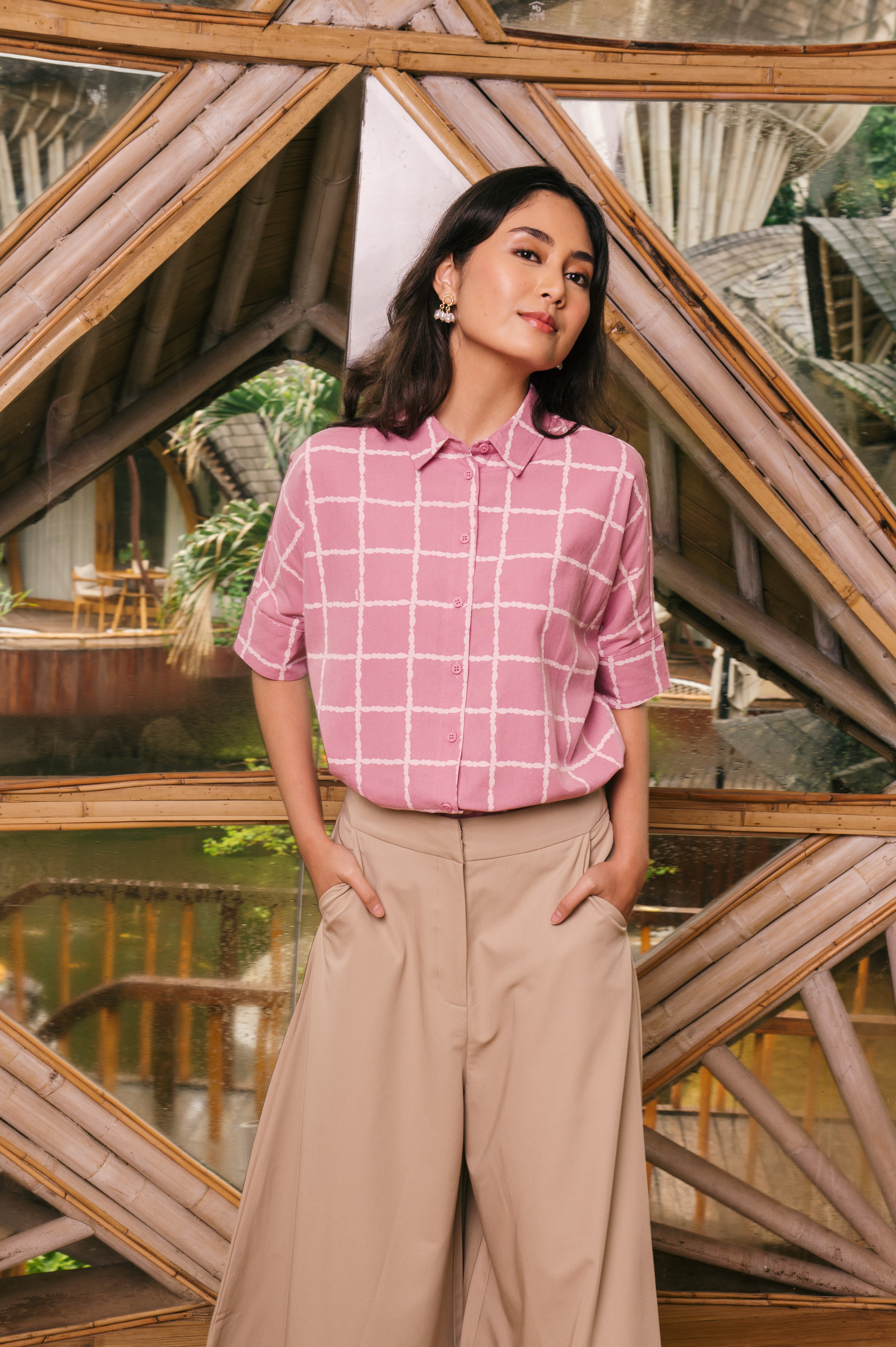 The Embun Collection Women Short Sleeves Loose Fit Blouse in Checked Pink