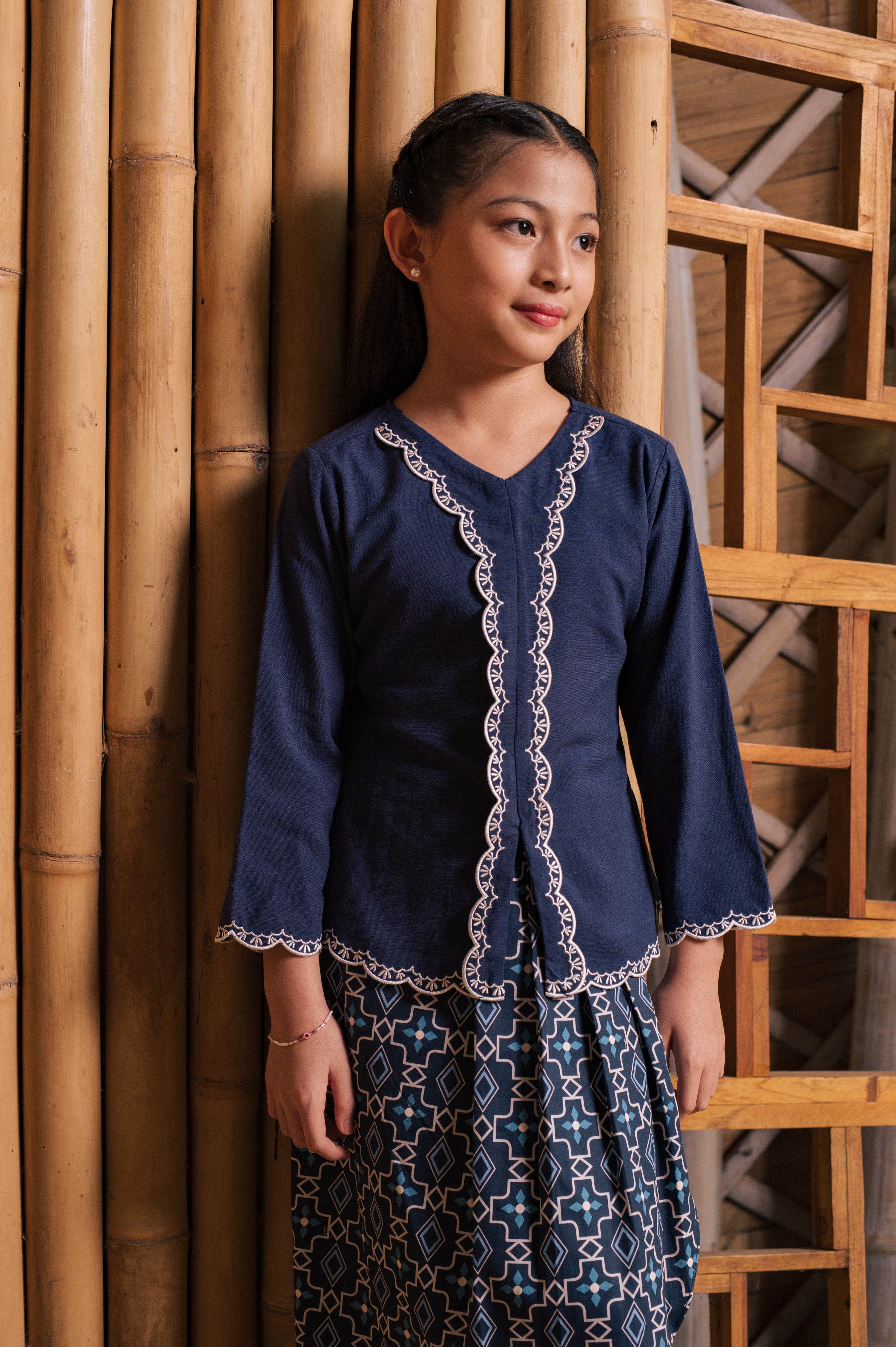 The Embun Collection Girl Embroidered Fitted Kebaya in Dark Blue