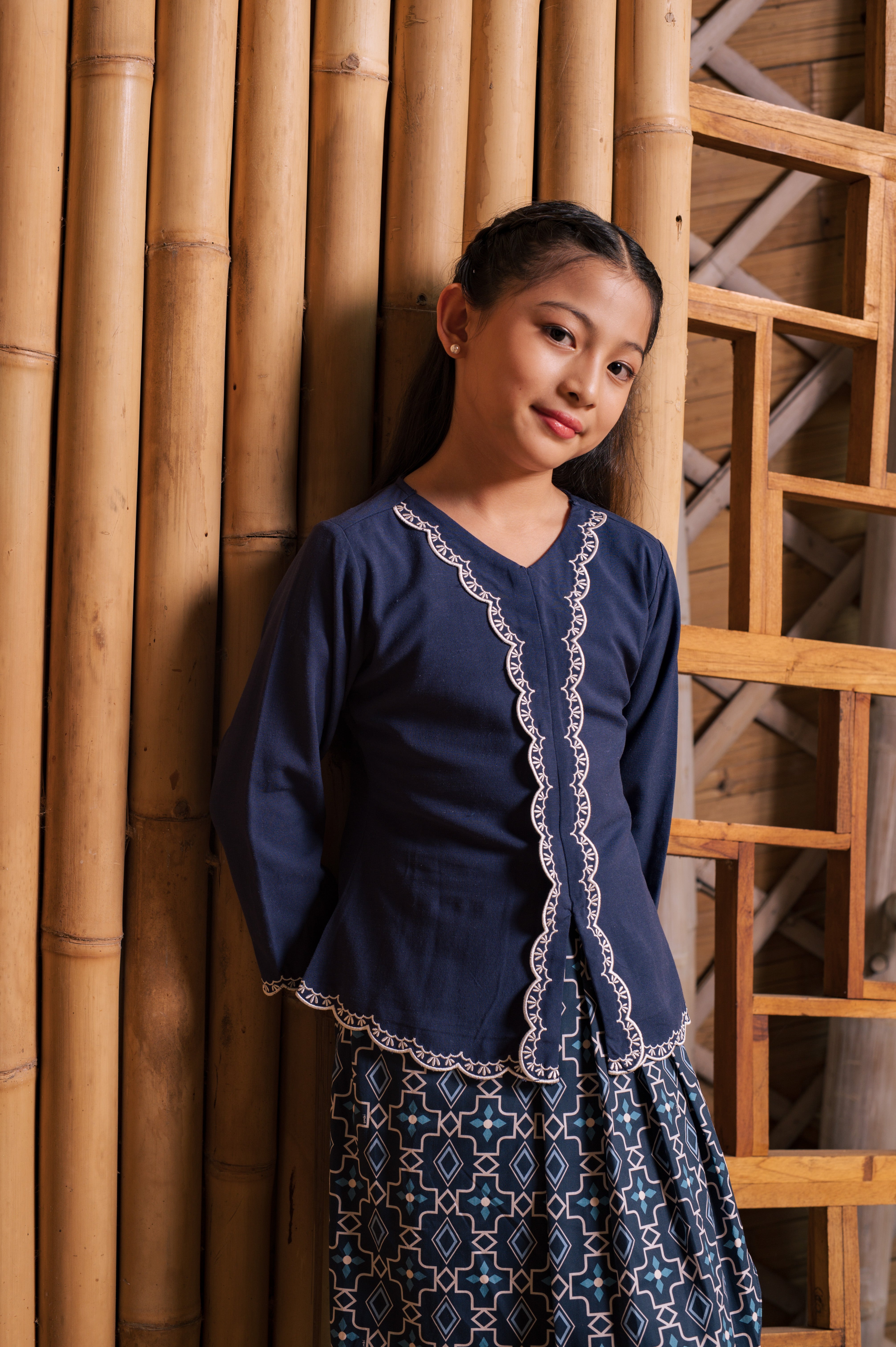The Embun Collection Girl Embroidered Fitted Kebaya in Dark Blue