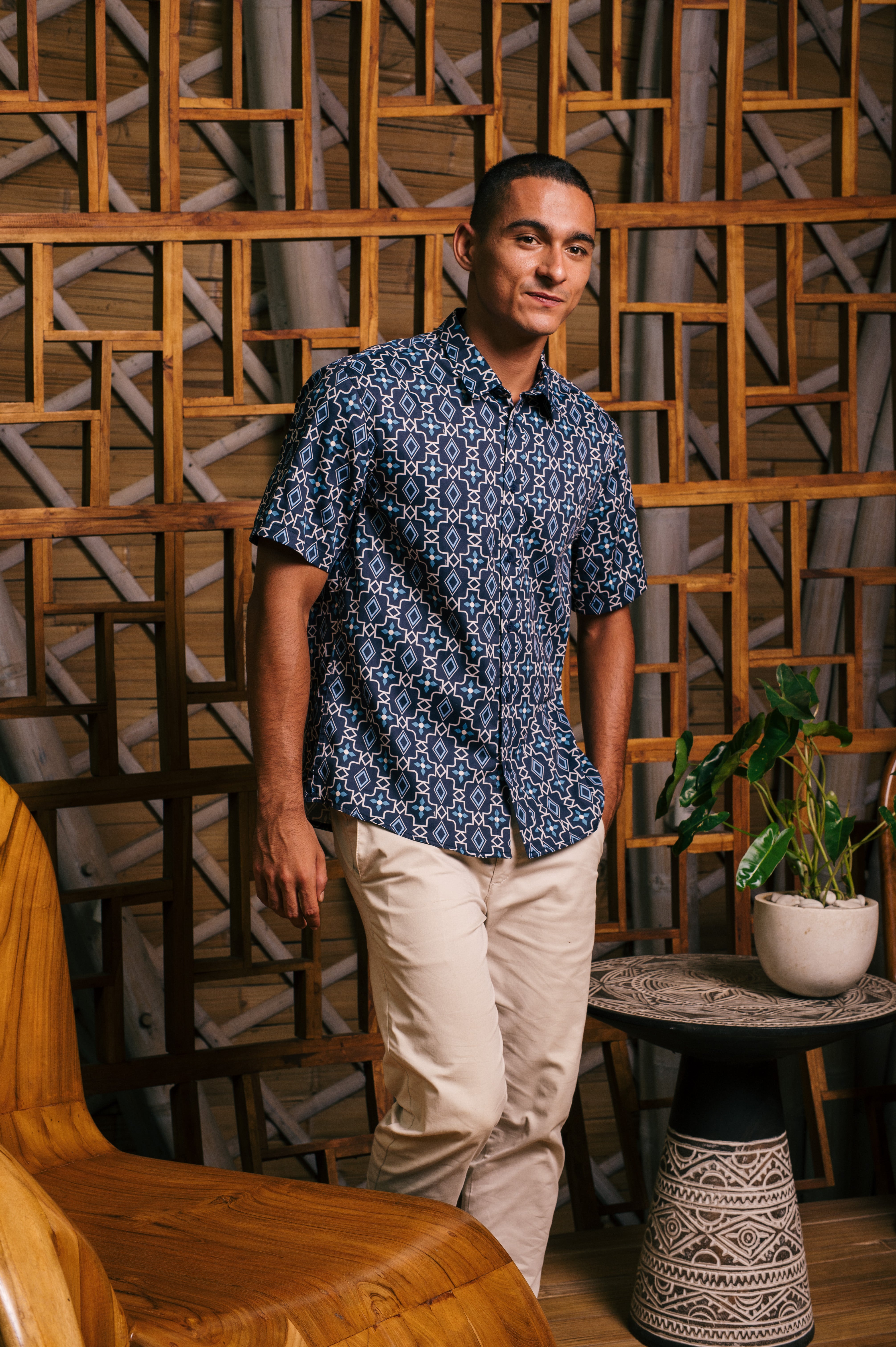 The Embun Collection Men Holiday Shirt in Blue Gemilang Print