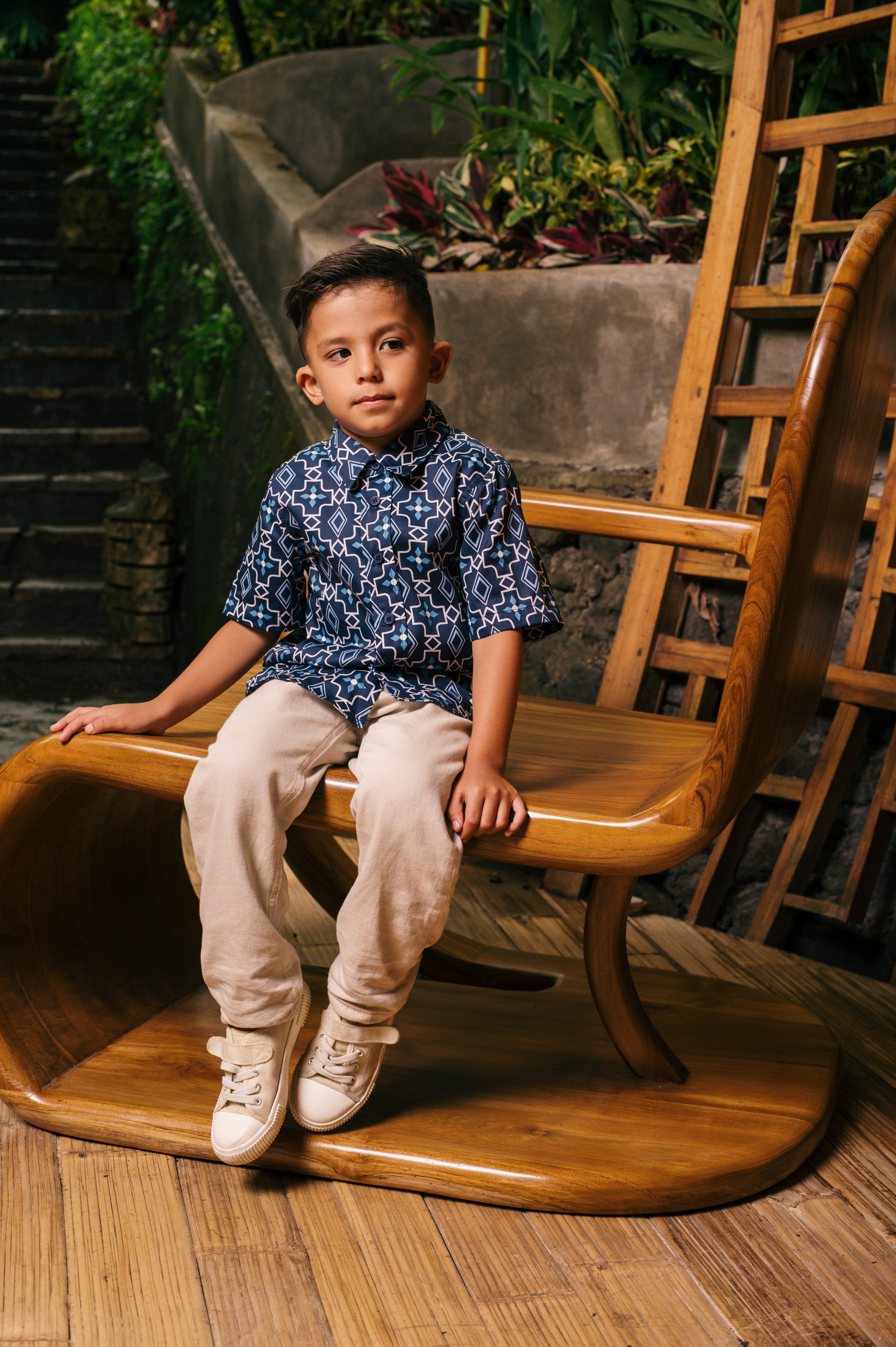 The Embun Collection Boy Holiday Shirt in Blue Gemilang Print