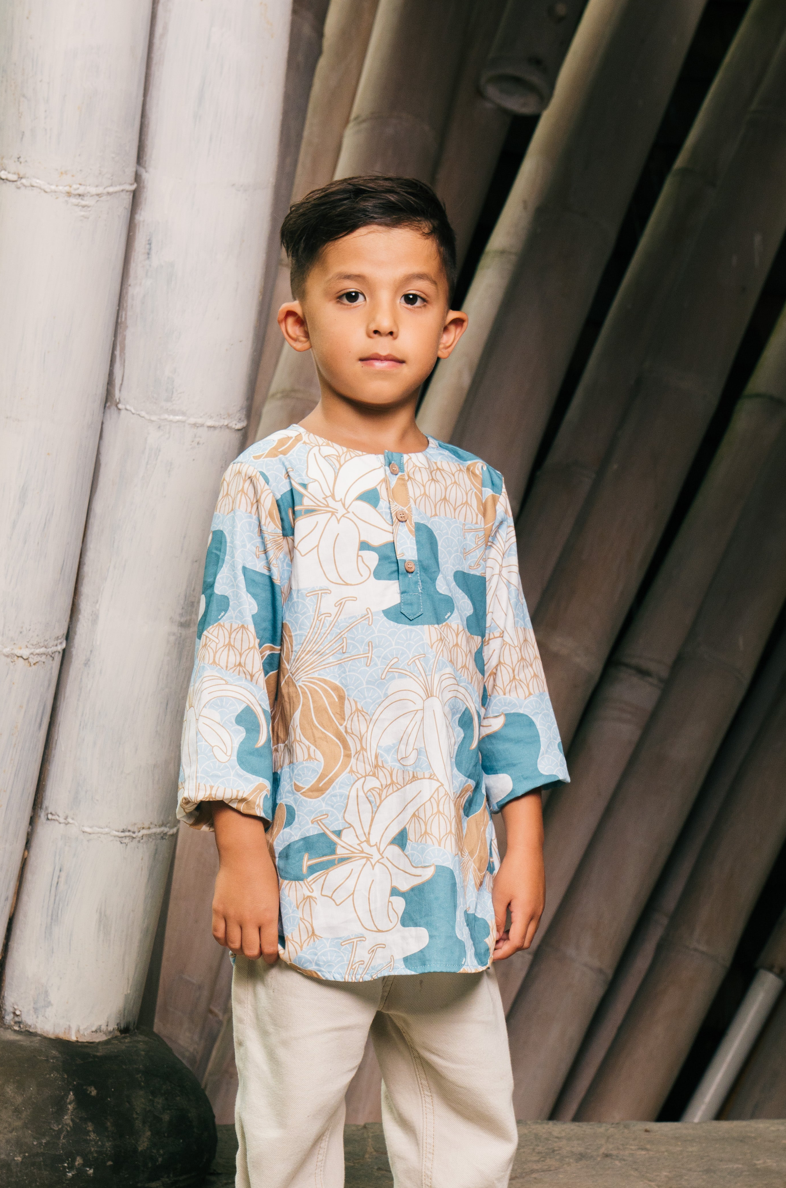 The Embun Collection Boy Kurta in Blue & Olive Banjaran Print