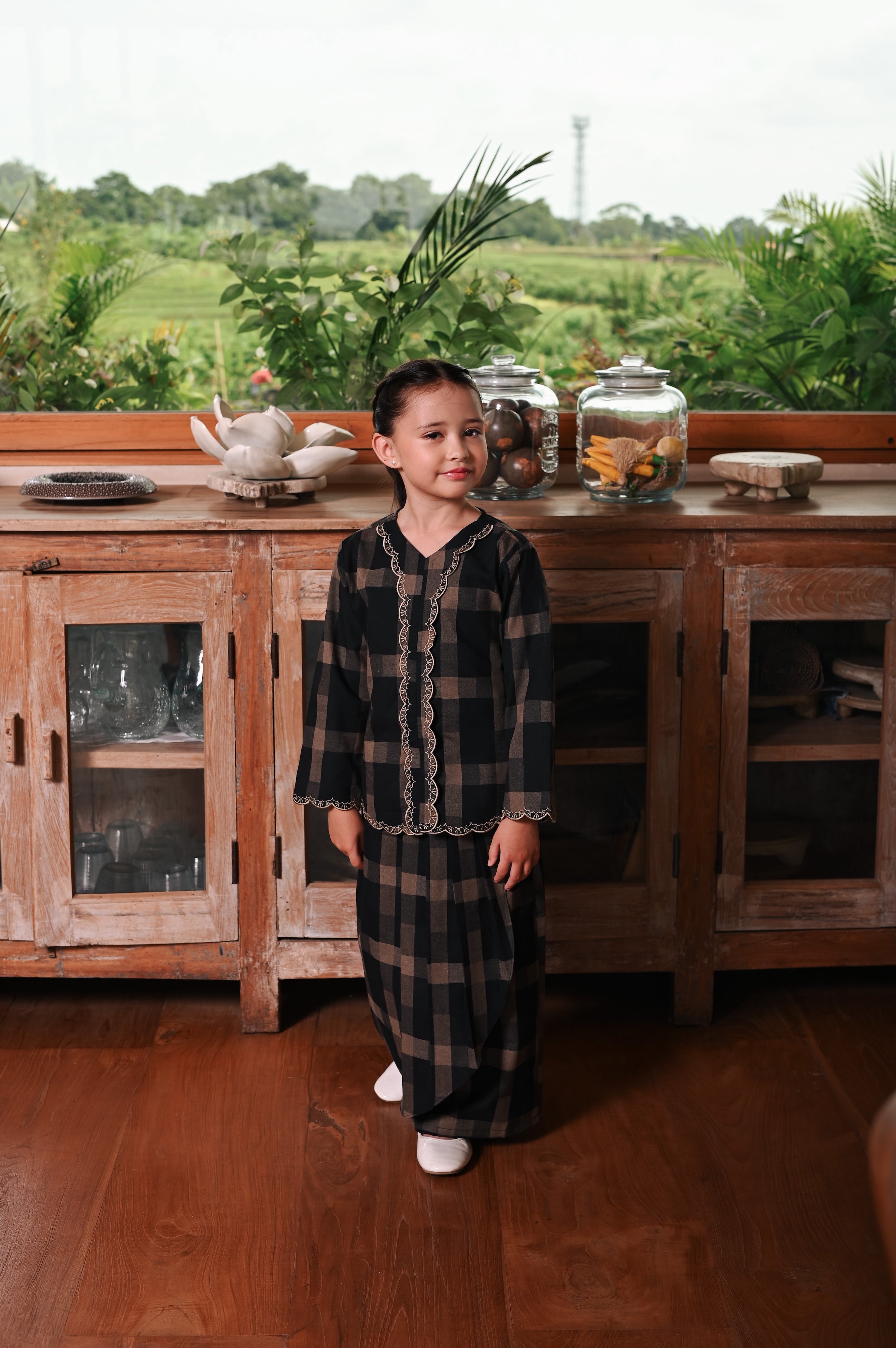 The Embun Collection Girl Embroidered Fitted Kebaya in Checked Brown