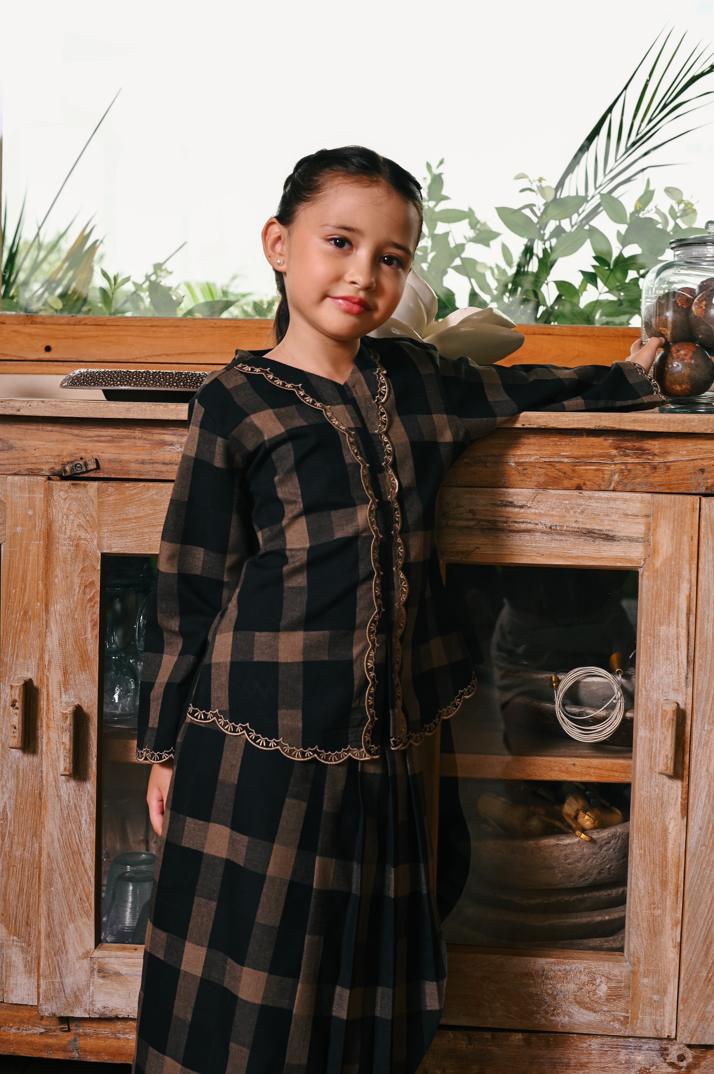 The Embun Collection Girl Embroidered Fitted Kebaya in Checked Brown