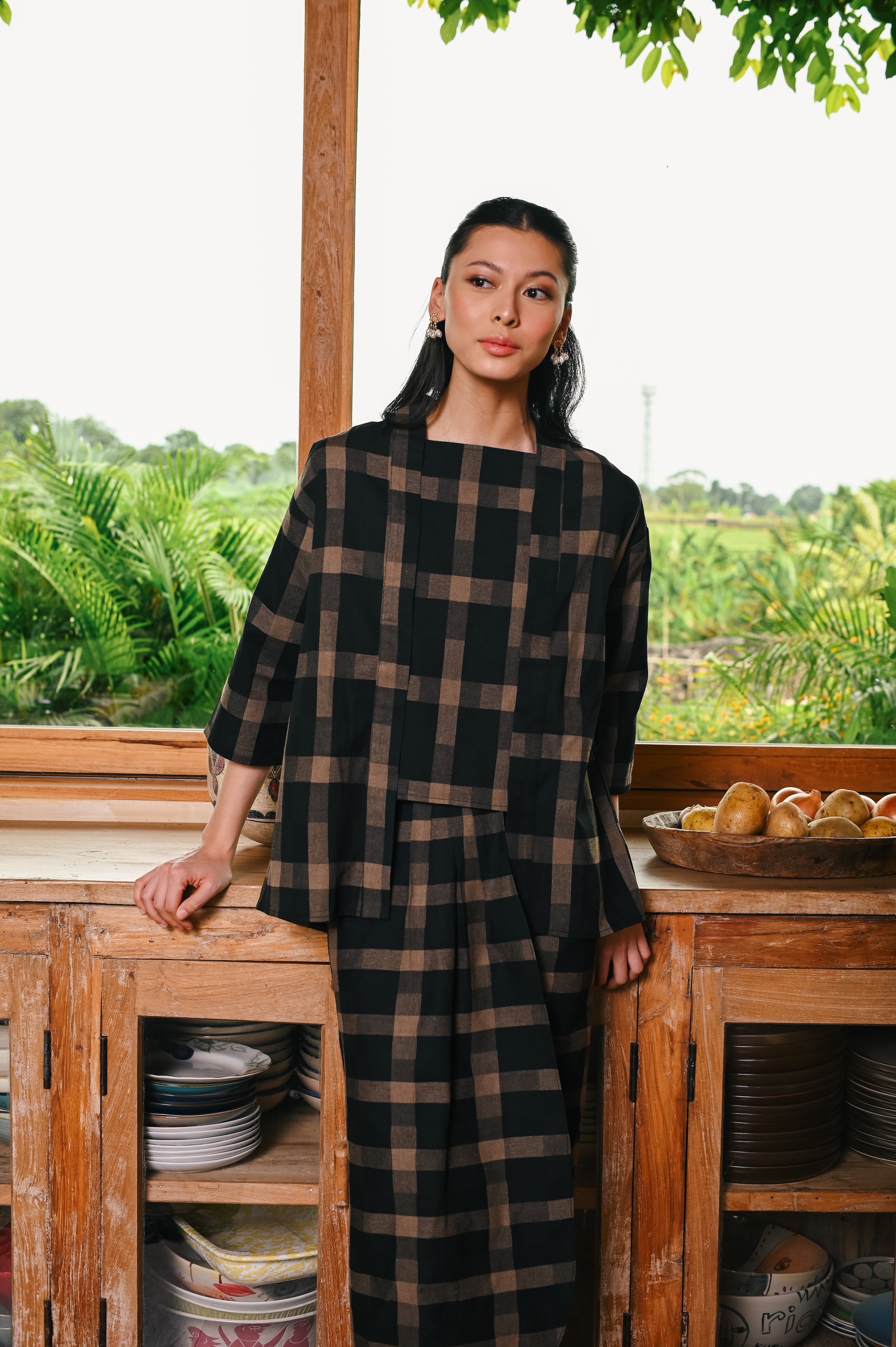 The Embun Collection Women Kebaya 2-in-1 in Checked Brown