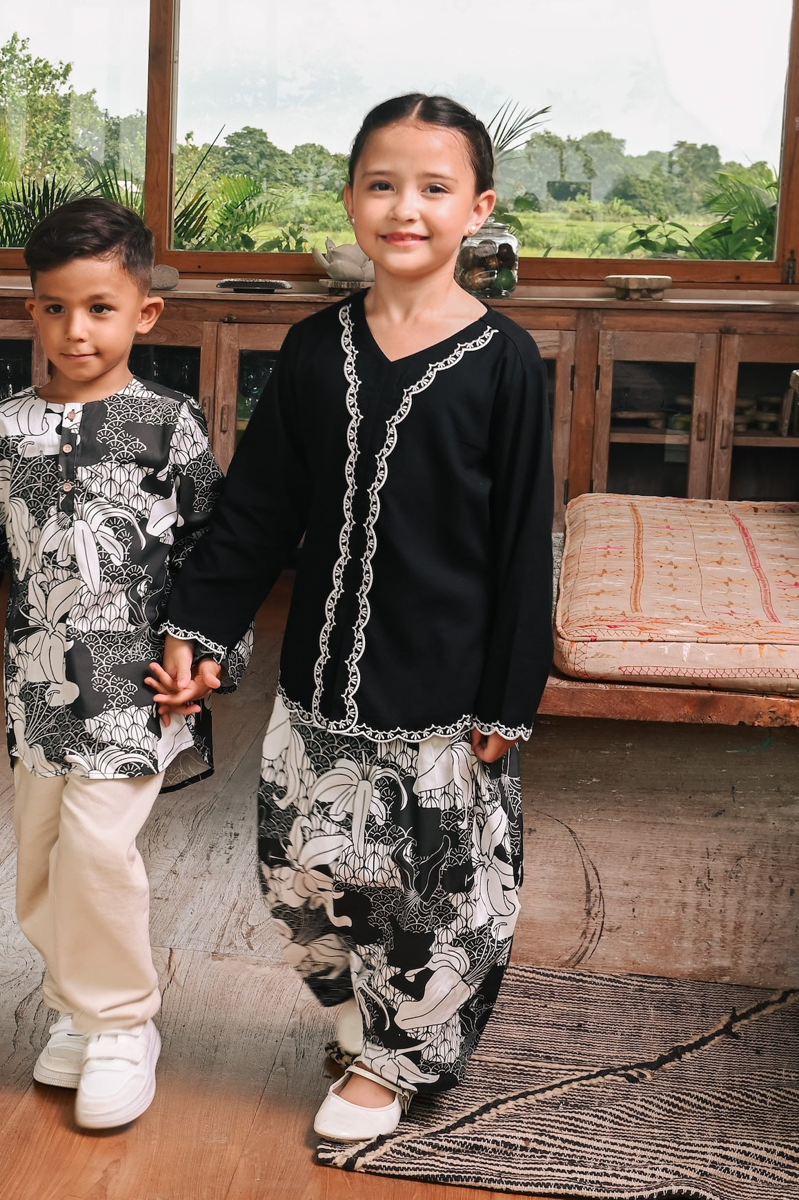 The Embun Collection Girl Instant Pareo Skirt in Black & White Banjaran Print