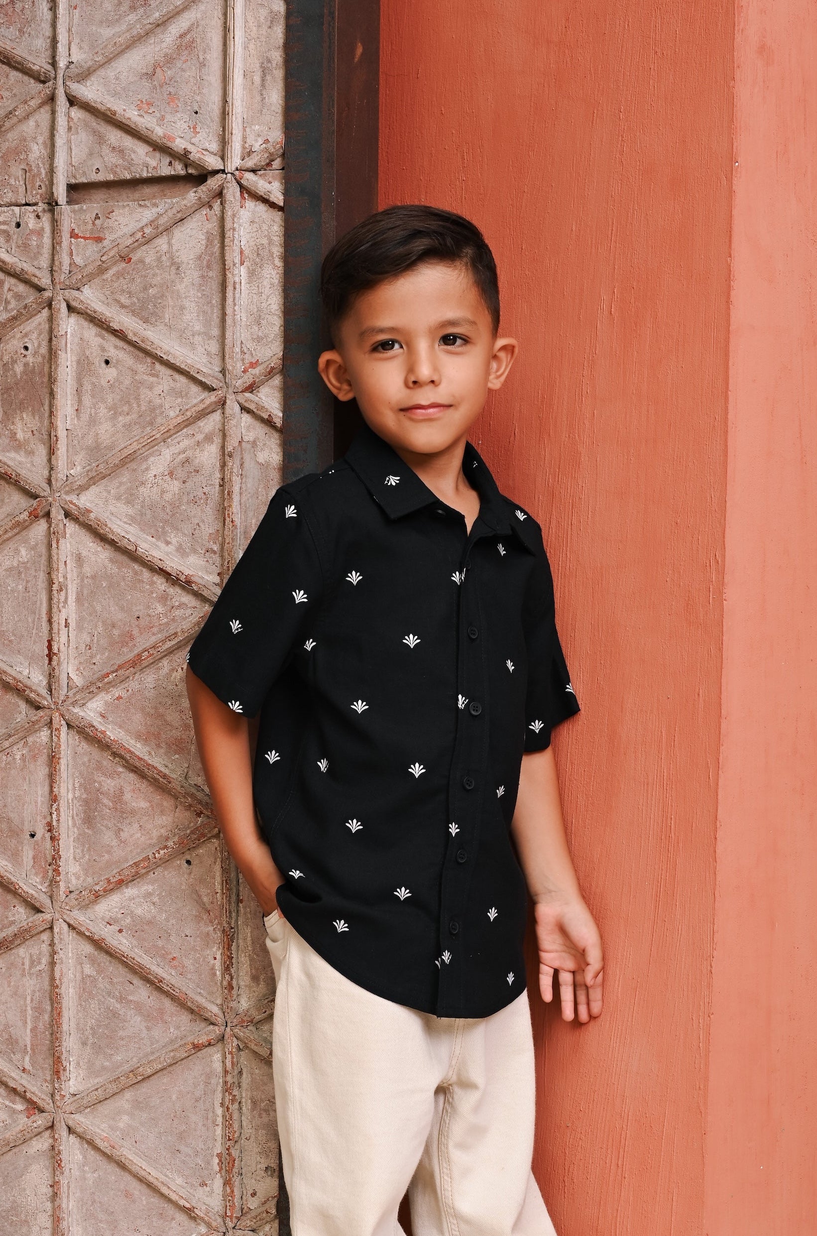 The Embun Collection Boy Holiday Shirt in Black Pelita Print