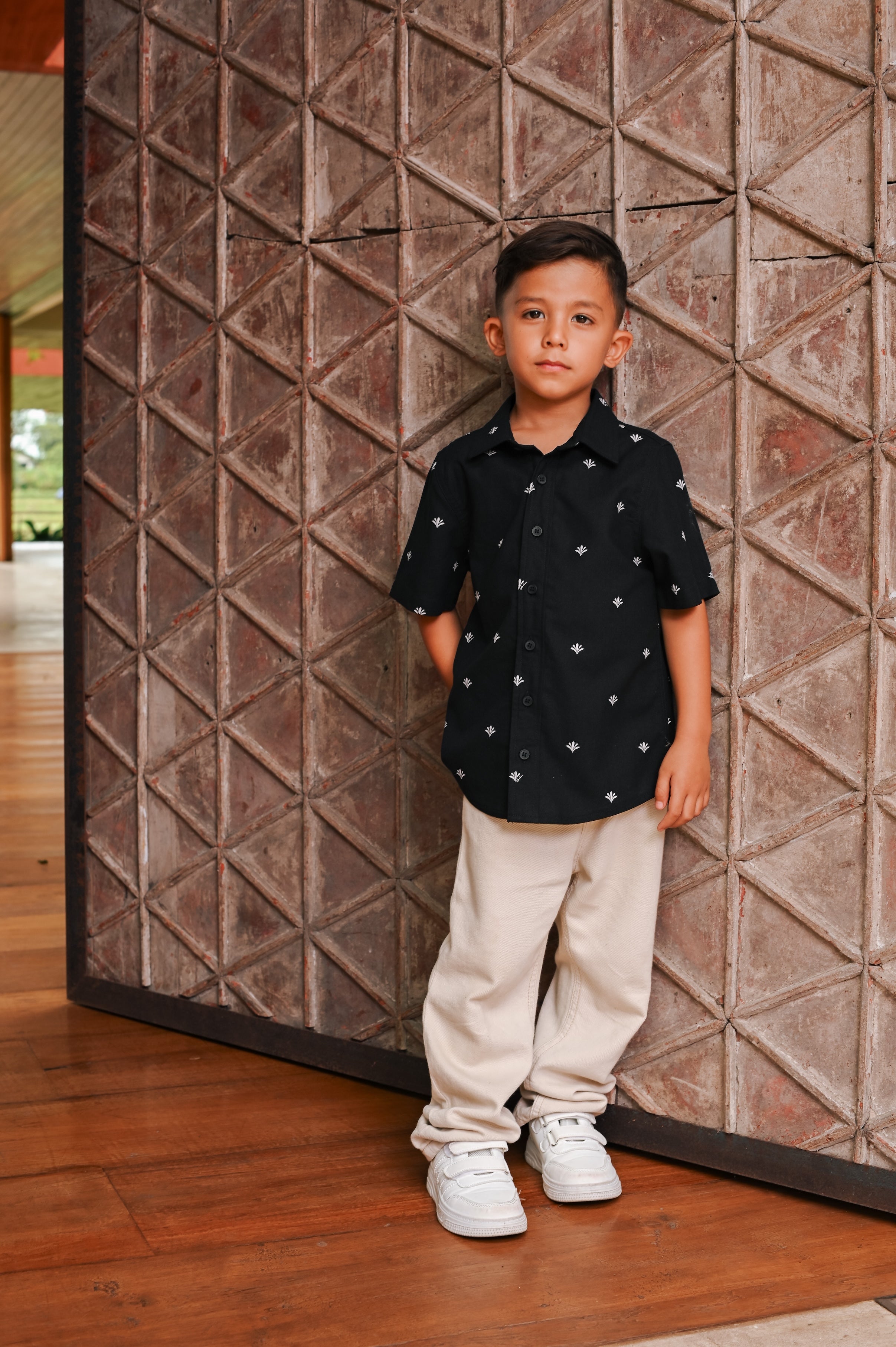 The Embun Collection Boy Holiday Shirt in Black Pelita Print