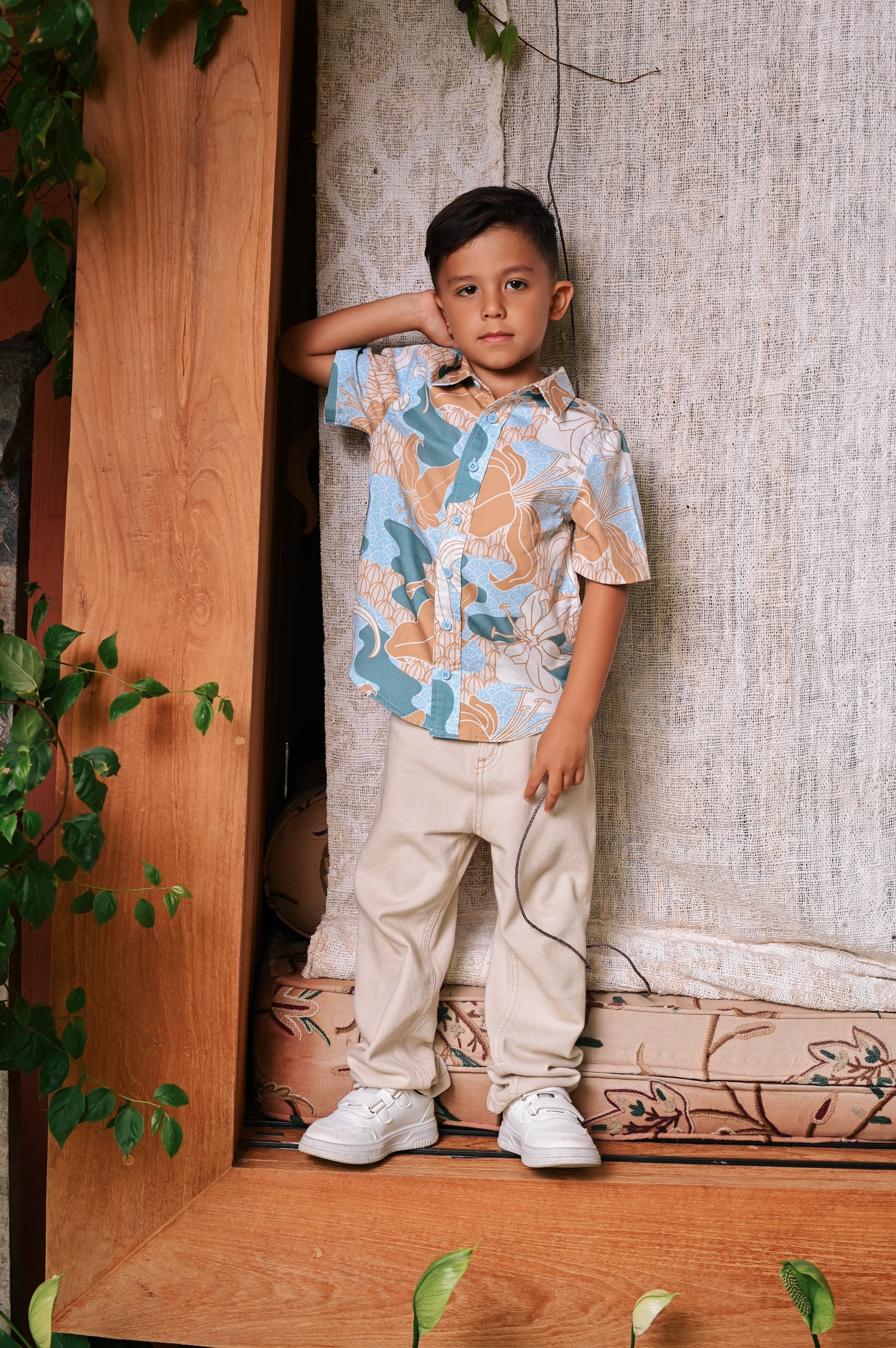 The Embun Collection Boy Holiday Shirt in Blue & Olive Banjaran Print