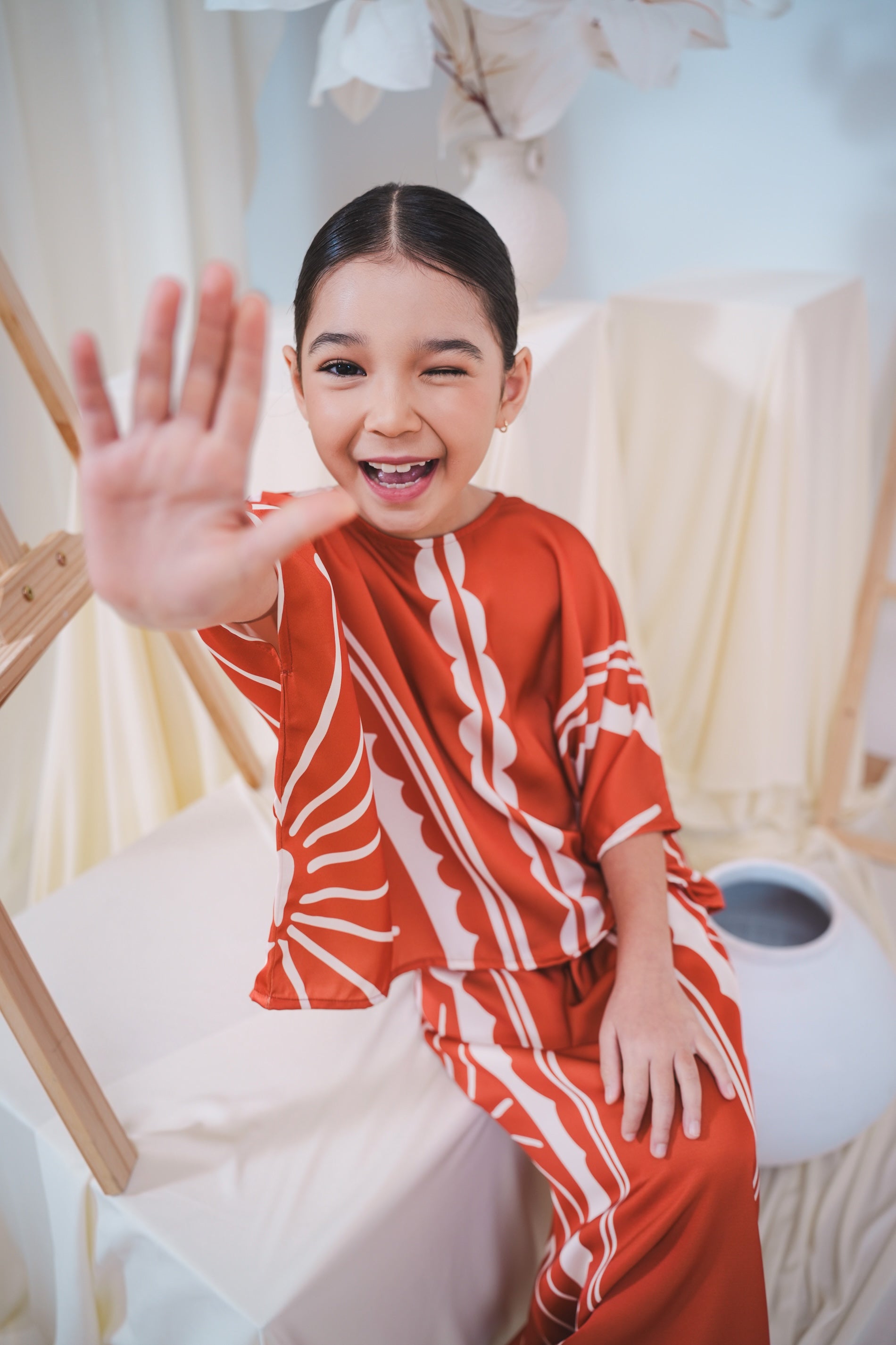 The Canvas Collection Girl Saloma Kaftan Set Burnt Orange Matahari Print