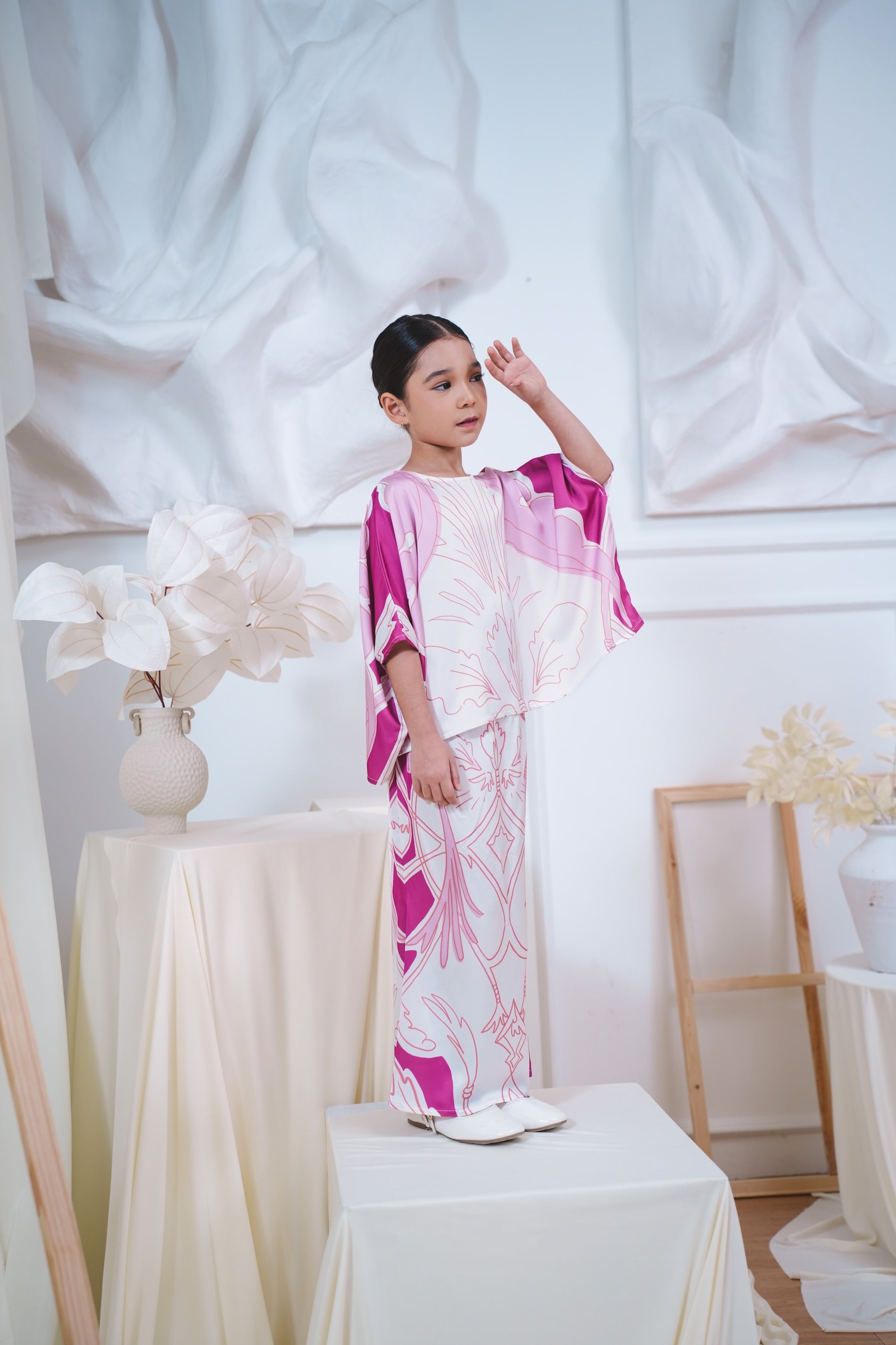 The Canvas Collection Girl Saloma Kaftan Set Barbie Pink Garden Print