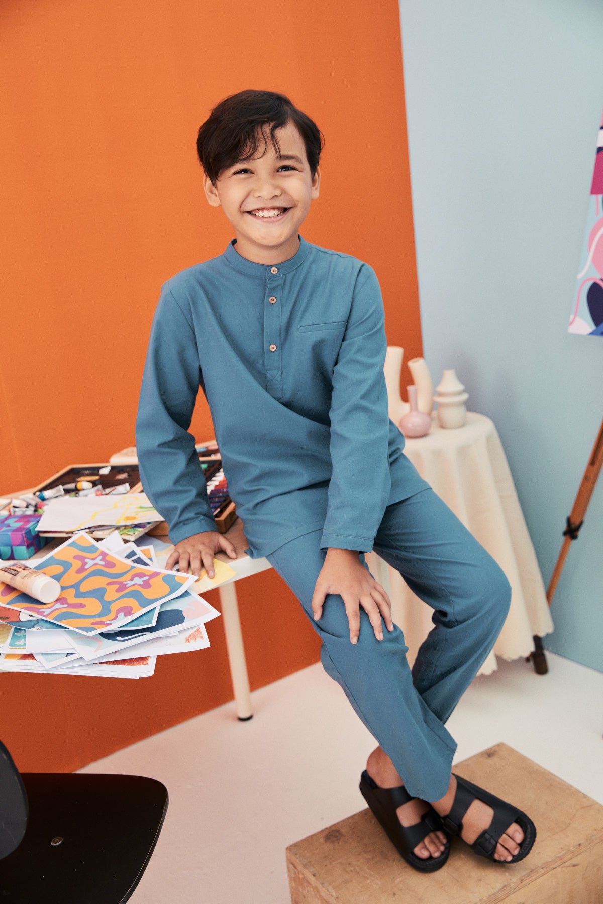 baju raya family sedondon kids boy baju melayu set steel blue 