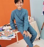 baju raya family sedondon kids boy baju melayu set steel blue 