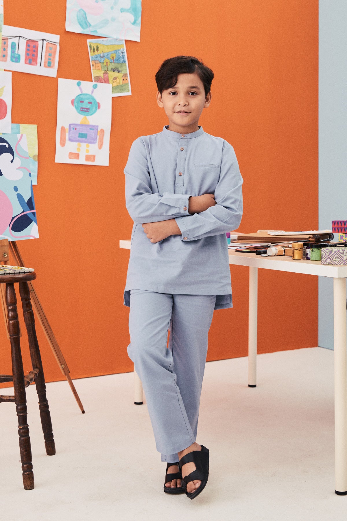 baju raya family sedondon kids boy baju melayu set stone blue