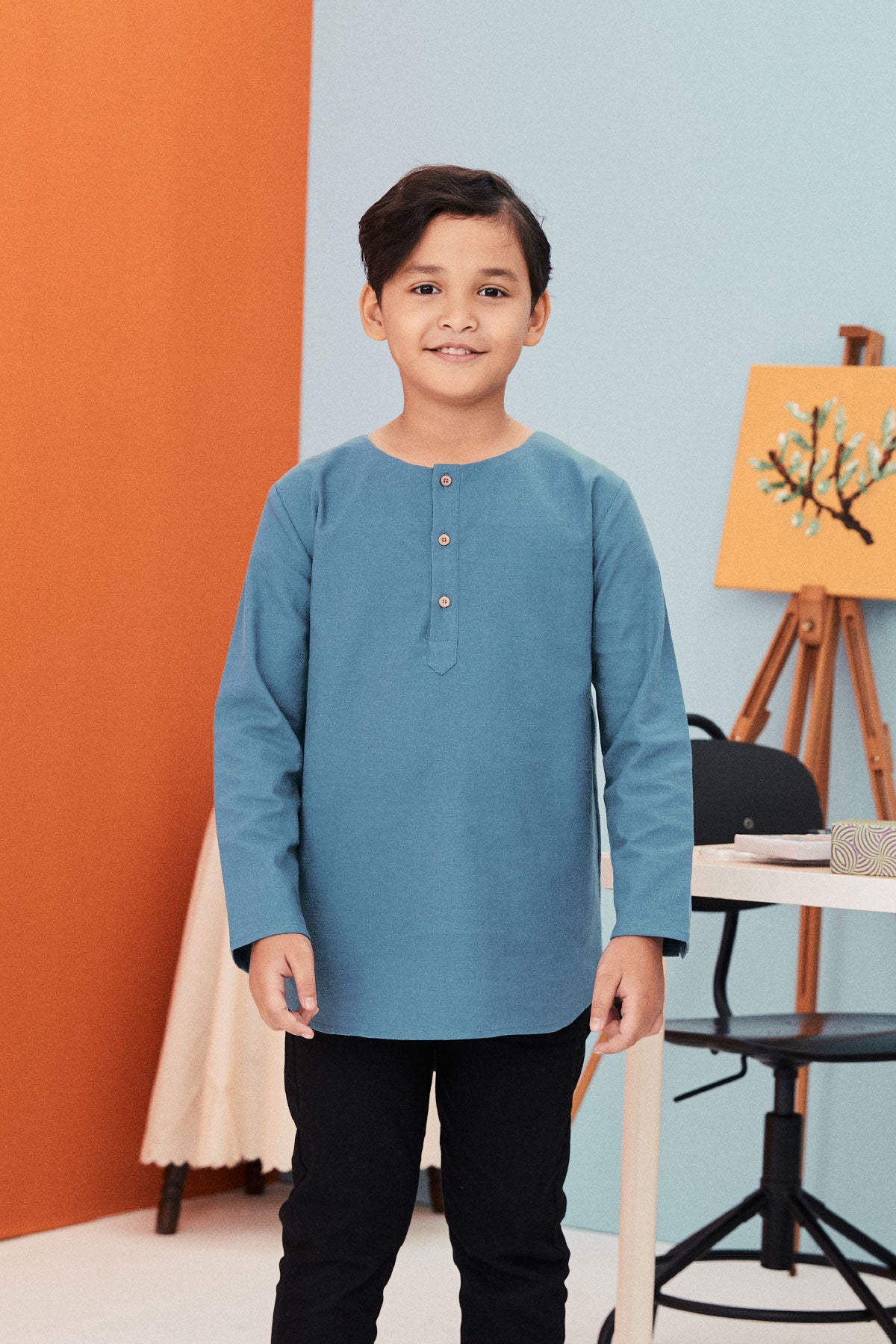 baju raya family sedondon umbi kids boy kurta top steel blue