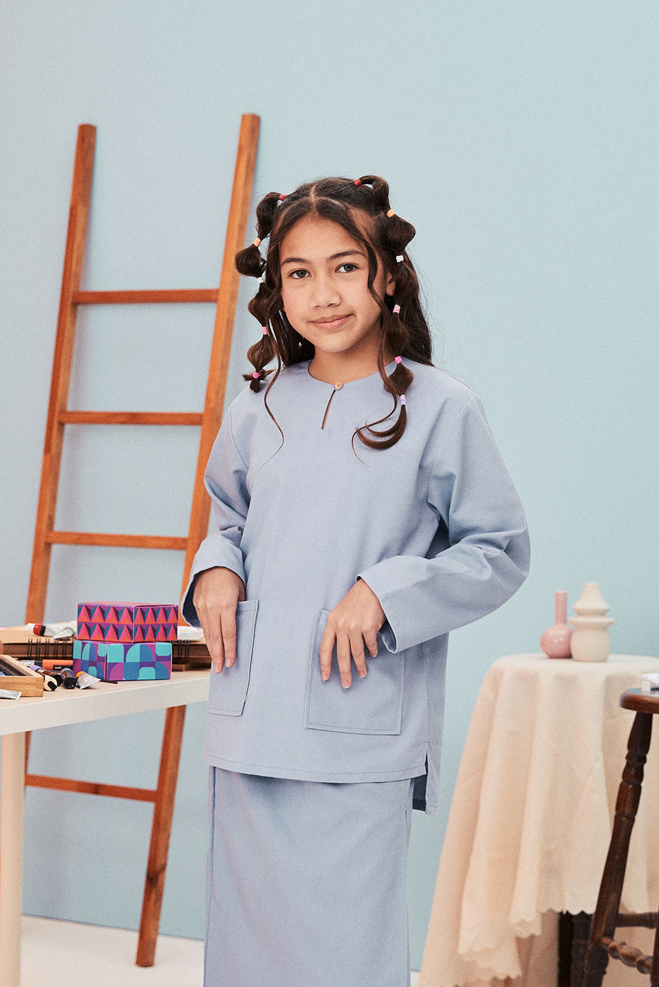 baju raya family sedondon kids girl top stone blue