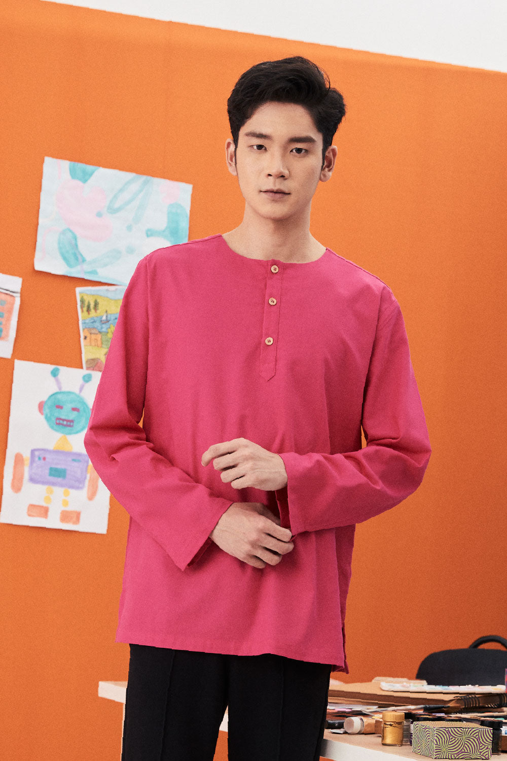 baju raya family sedondon men kurta fuchsia pink 