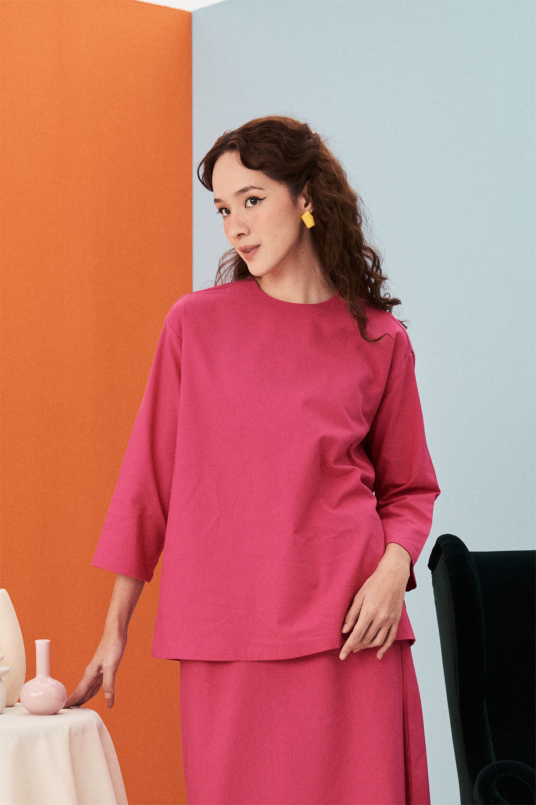 baju raya family sedondon women boxy top fuchsia pink