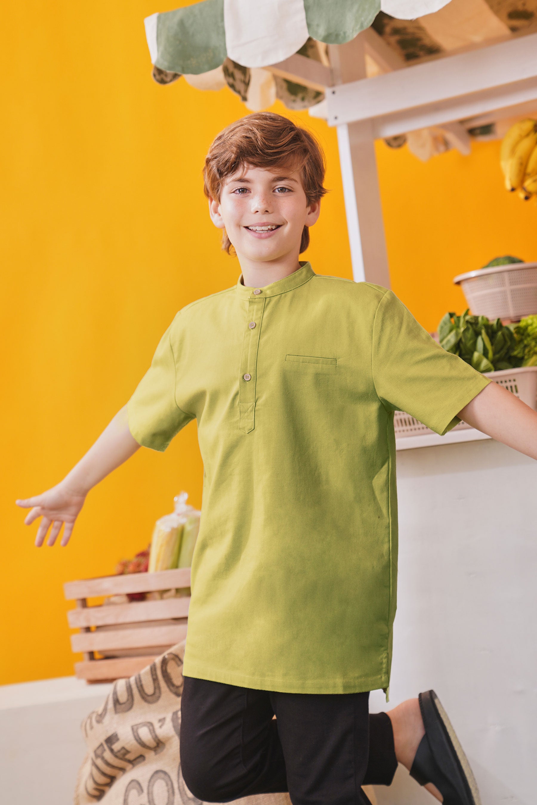 baju raya family sedondon boy short sleeves shirt lime green