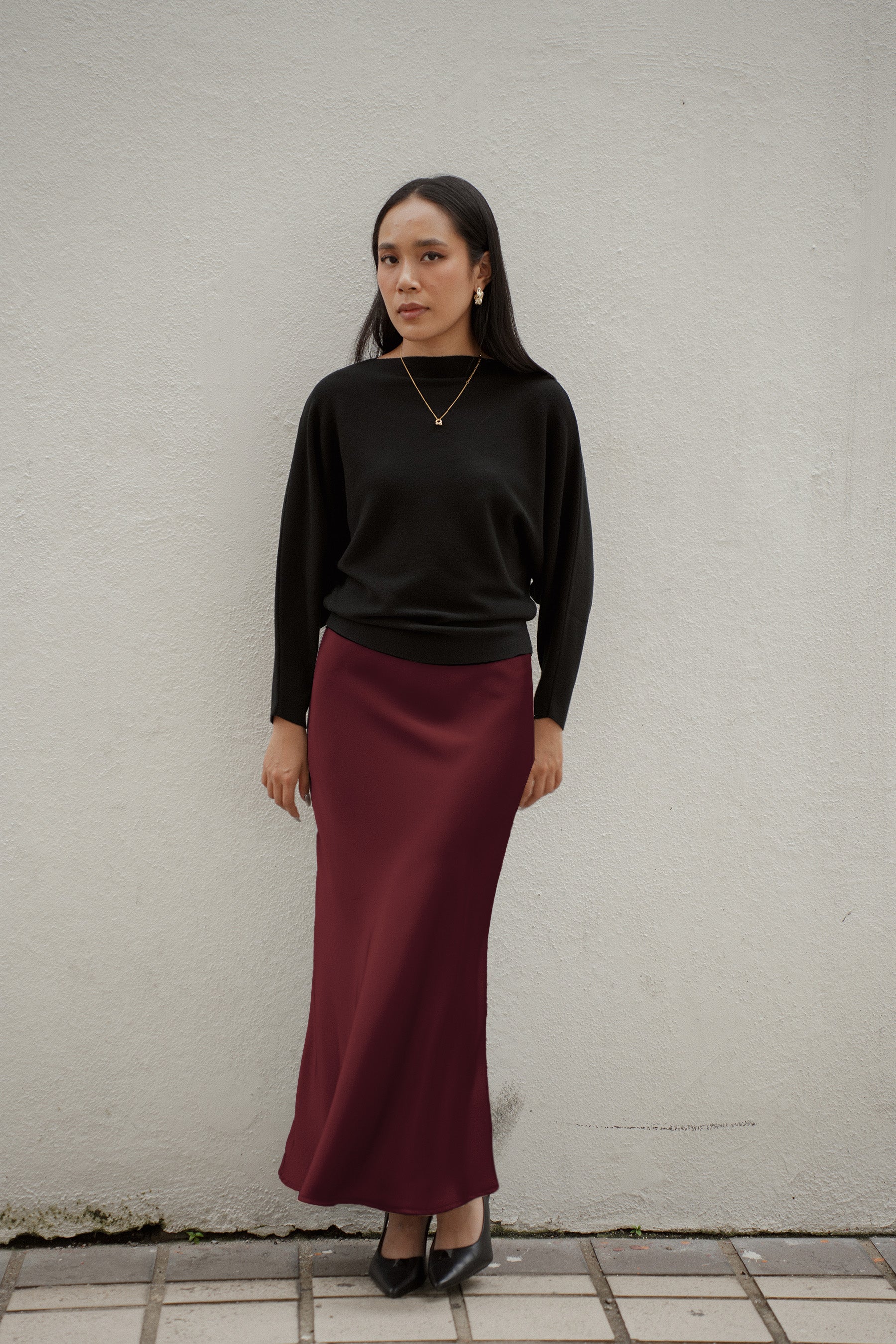 The City Breeze Satin Maxi Skirt Maroon