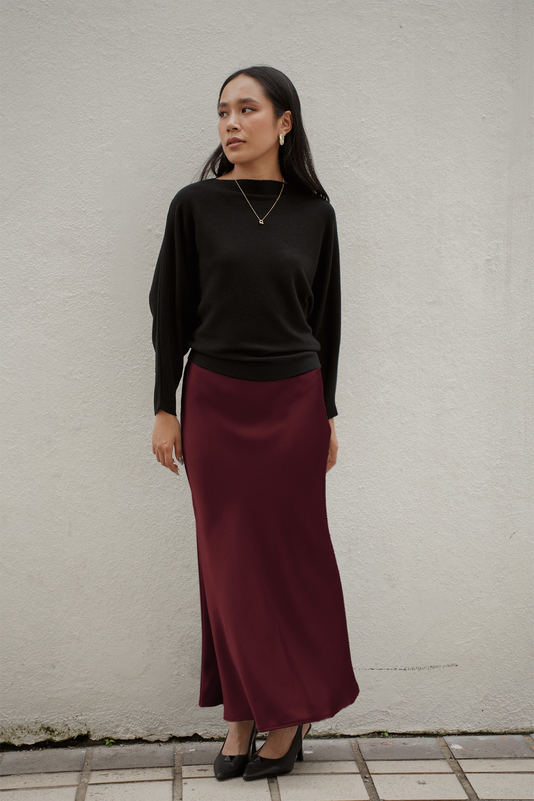 The City Breeze Satin Maxi Skirt Maroon