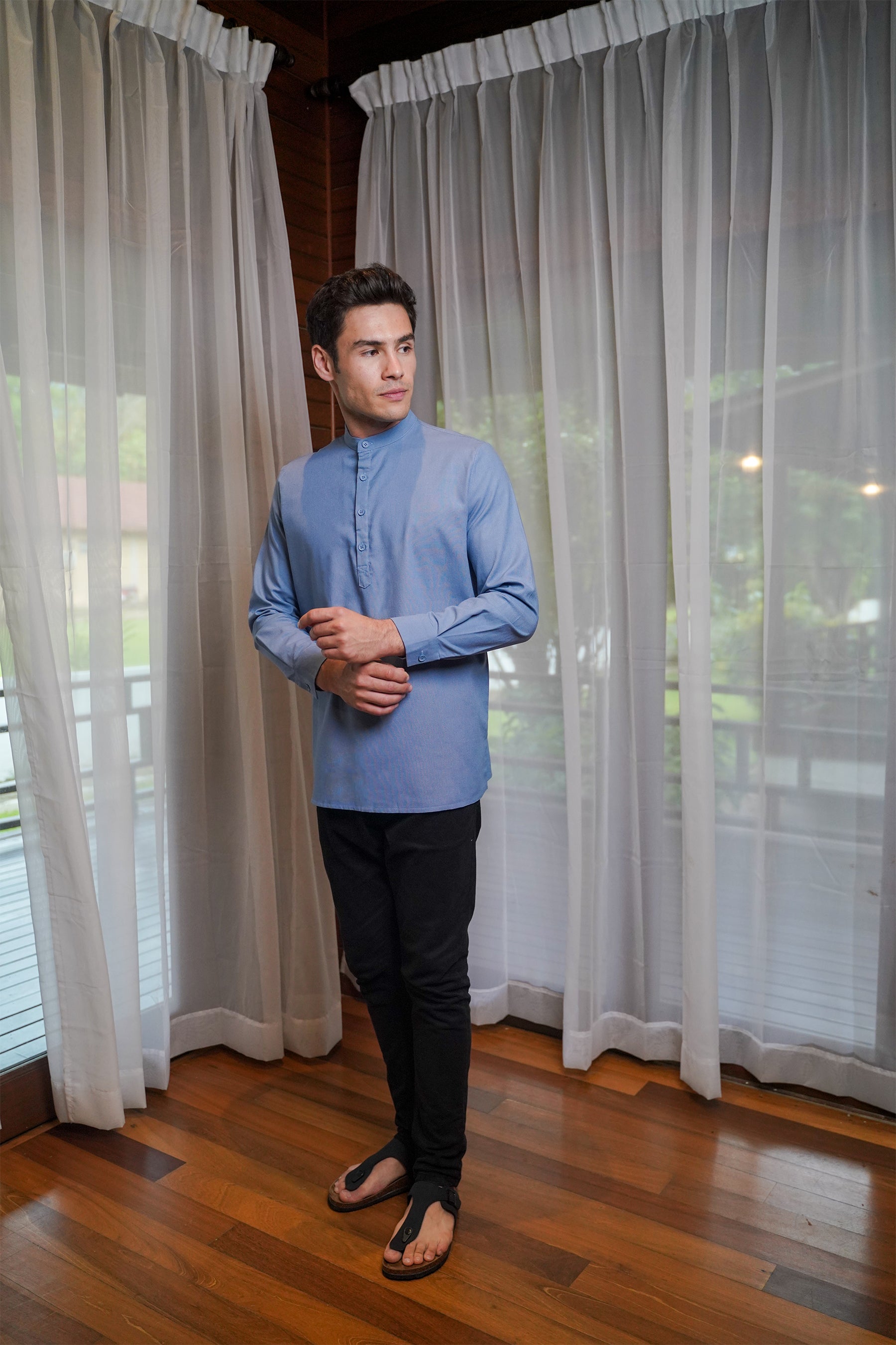 Men Collar Kurta Pigeon Blue