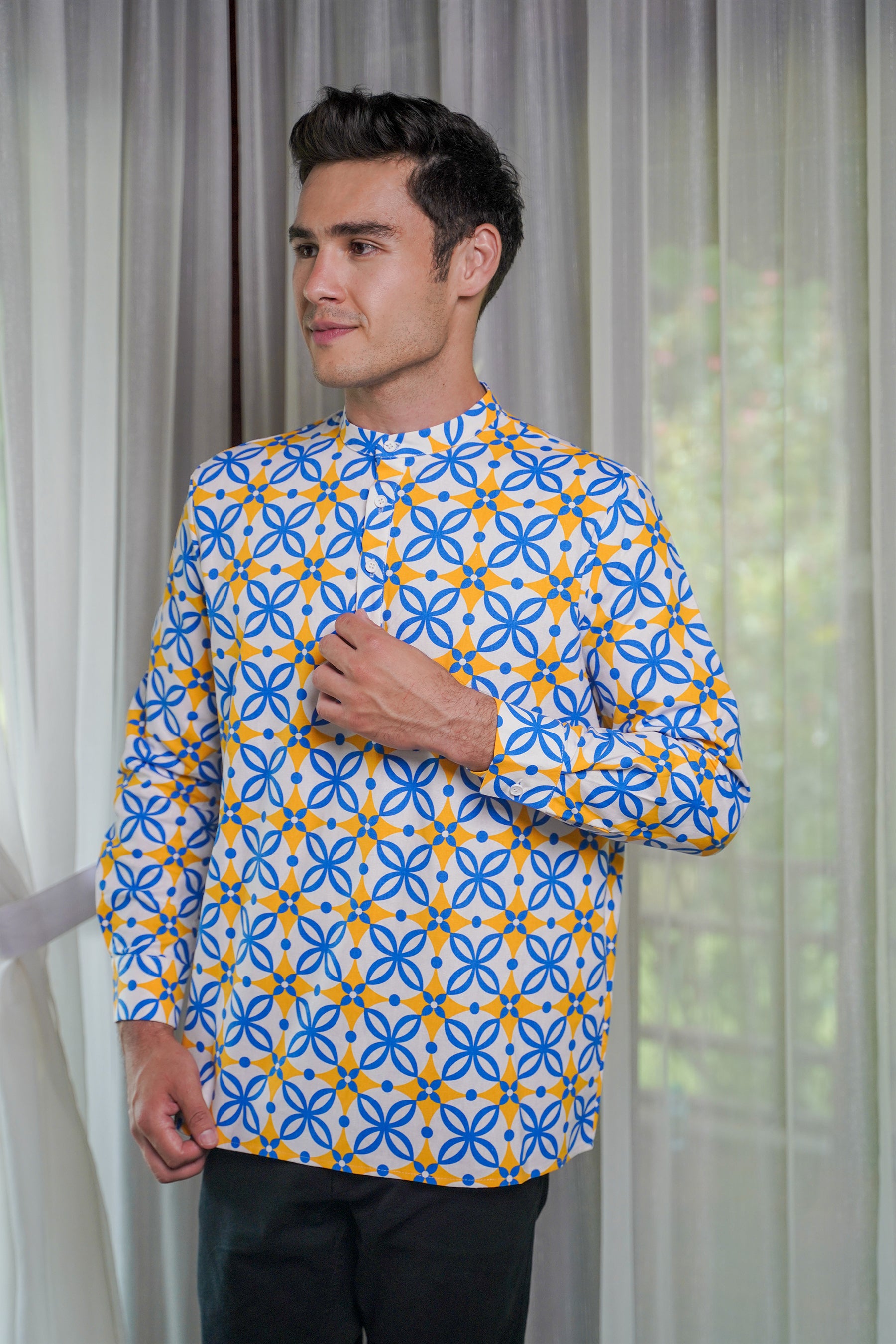 Men Collar Kurta Popcorn Print