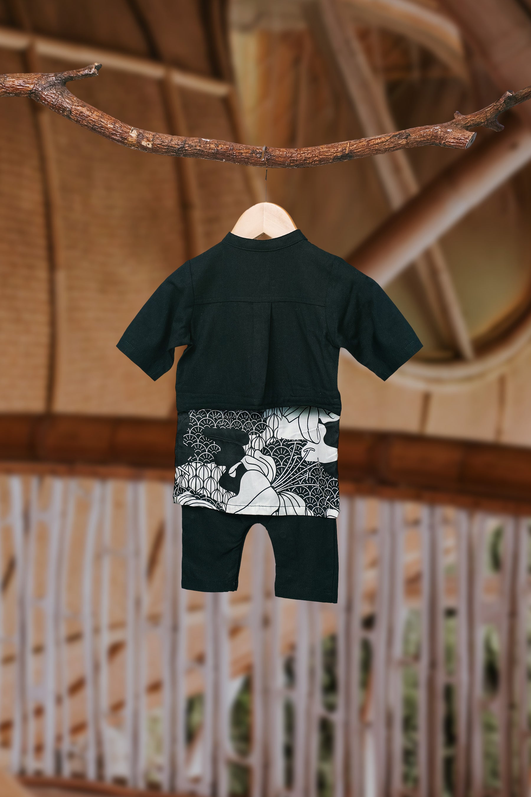 The Embun Collection Baby Boy Baju Melayu 3-in-1 in Black & White Banjaran Print
