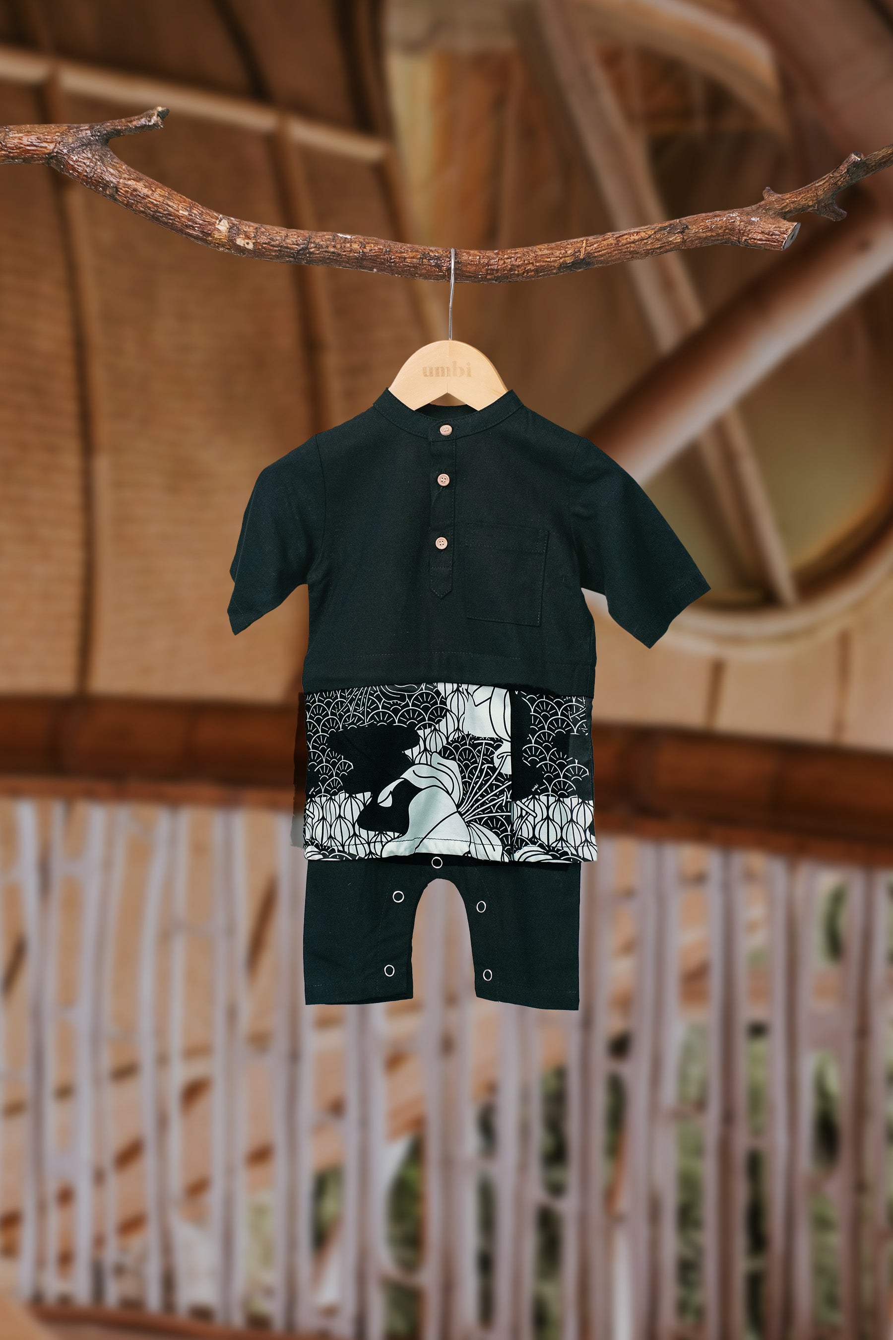 The Embun Collection Baby Boy Baju Melayu 3-in-1 in Black & White Banjaran Print