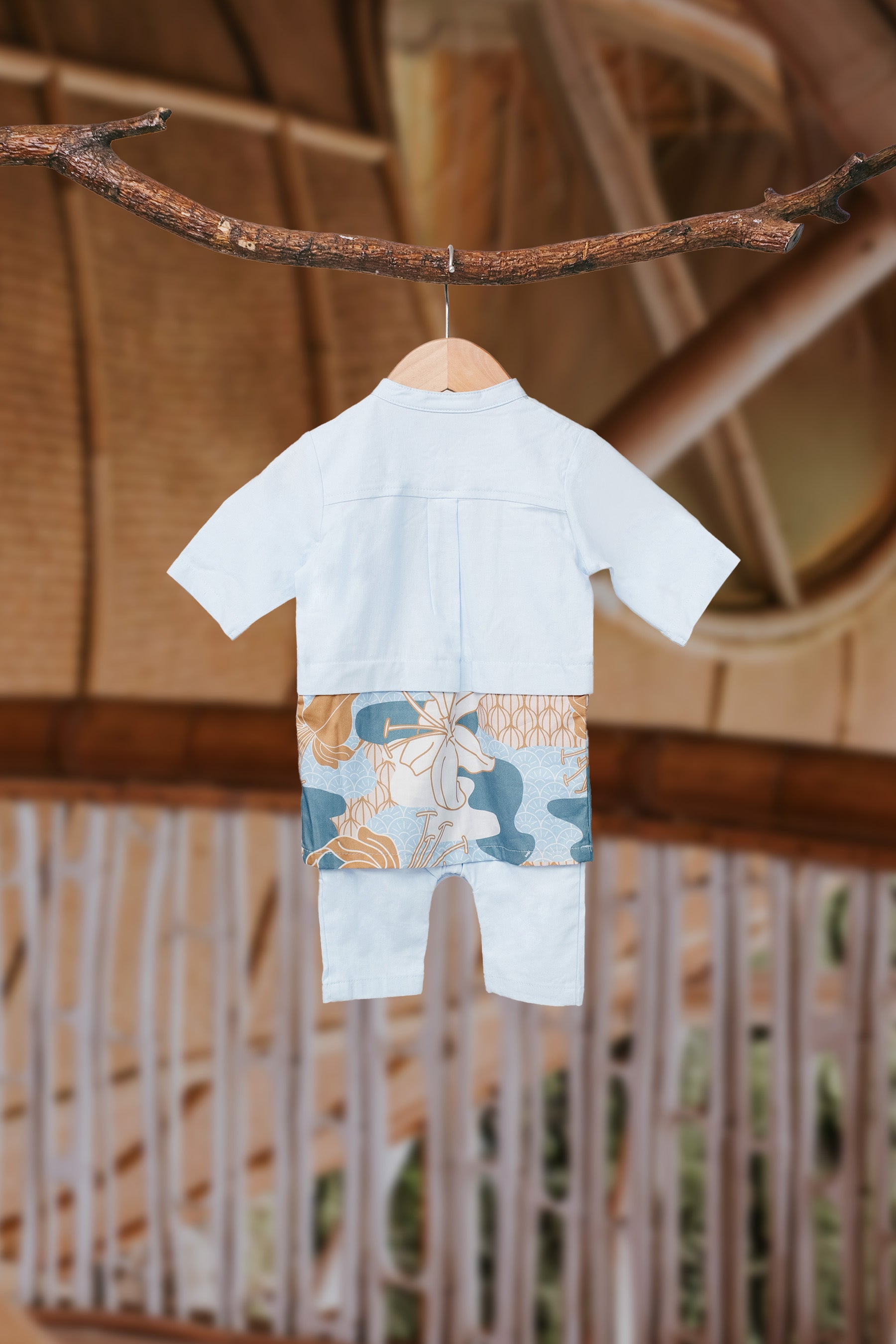 The Embun Collection Baby Boy Baju Melayu 3-in-1 in Blue & Olive Banjaran Print