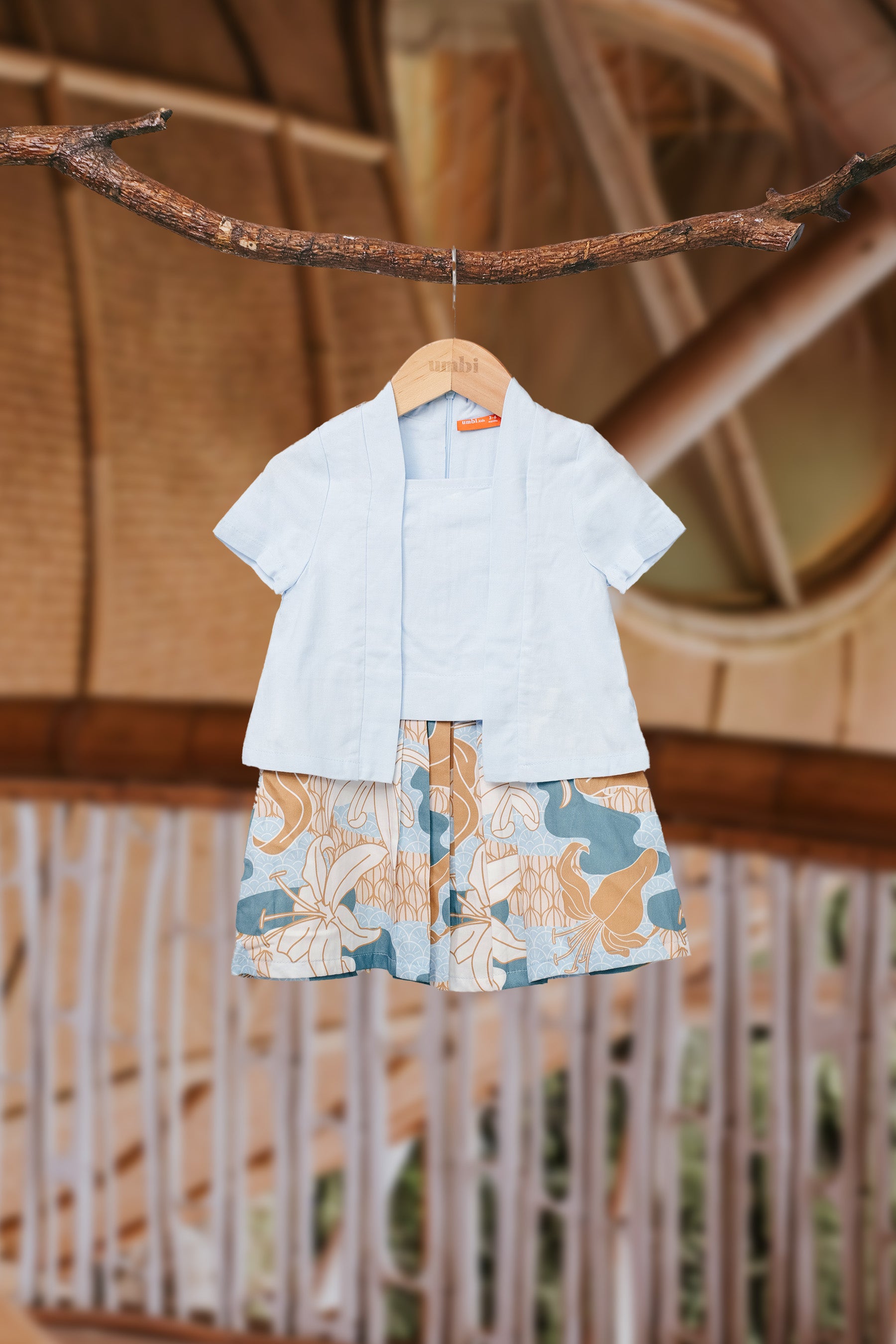 The Embun Collection Baby Girl Kebaya Dress in Blue & Olive Banjaran Print