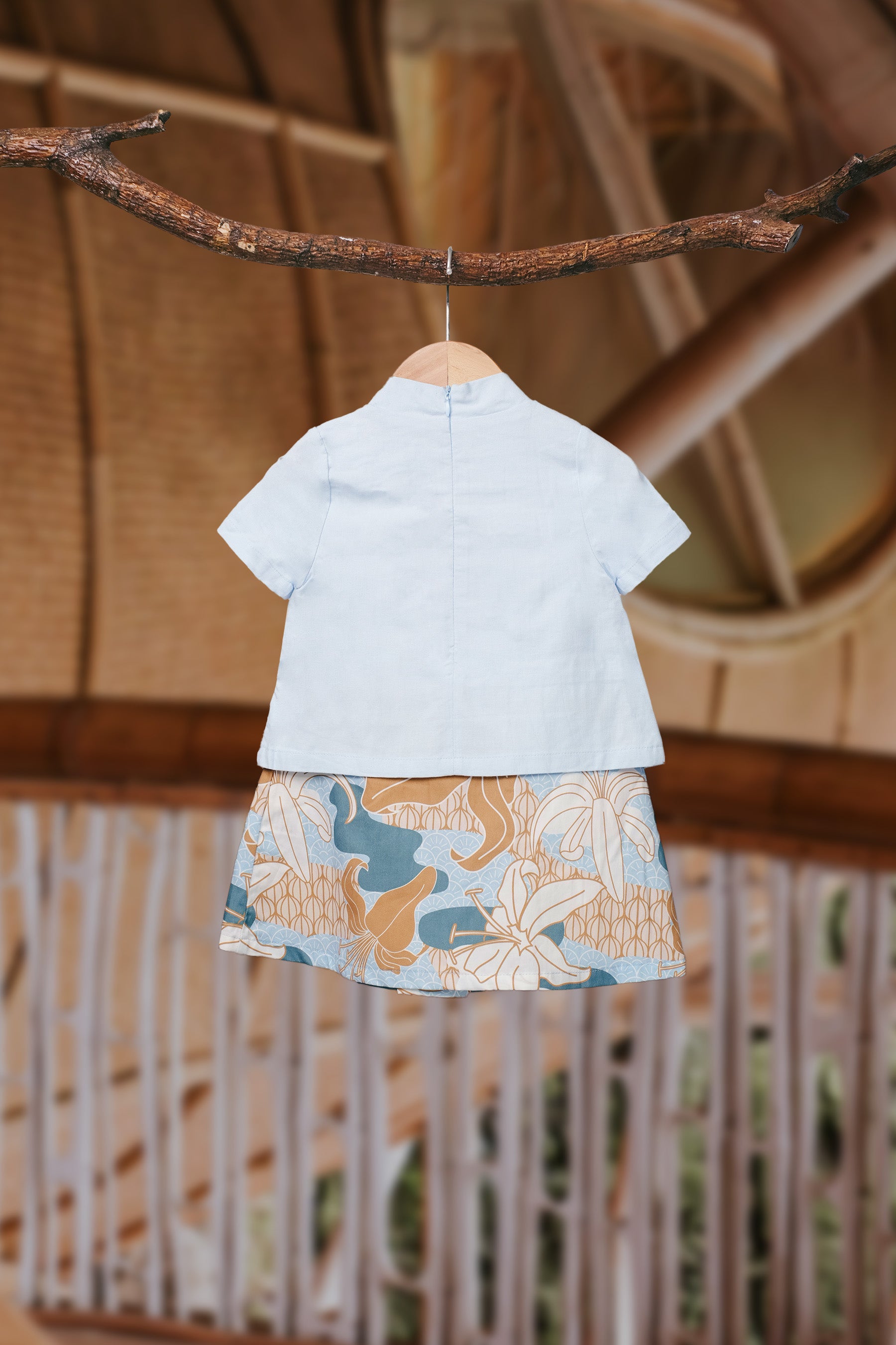 The Embun Collection Baby Girl Kebaya Dress in Blue & Olive Banjaran Print