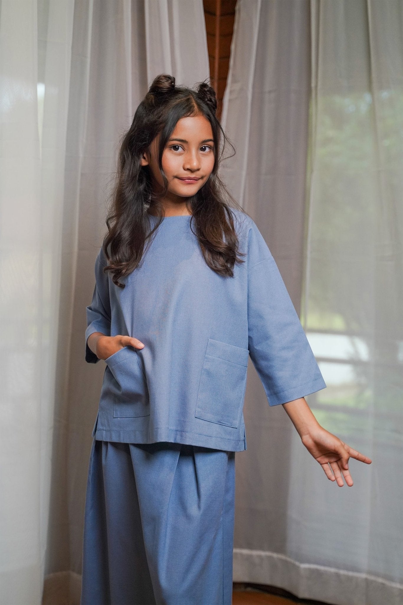Girl Pair Pockets Boxy Blouse Pigeon Blue - Umbi