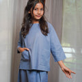Girl Pair Pockets Boxy Blouse Pigeon Blue - Umbi