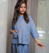 Girl Pair Pockets Boxy Blouse Pigeon Blue - Umbi