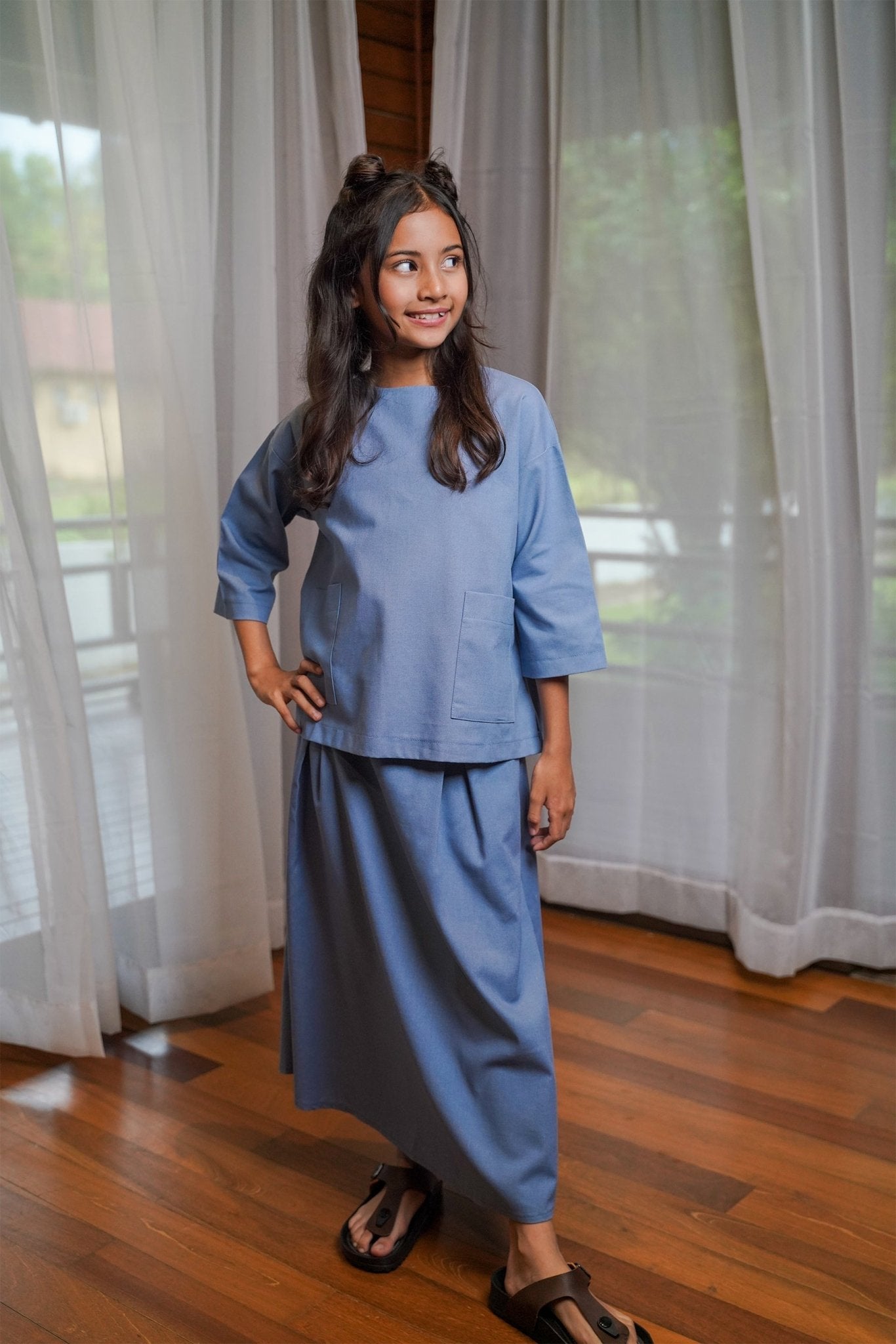 Girl Pair Pockets Boxy Blouse Pigeon Blue - Umbi