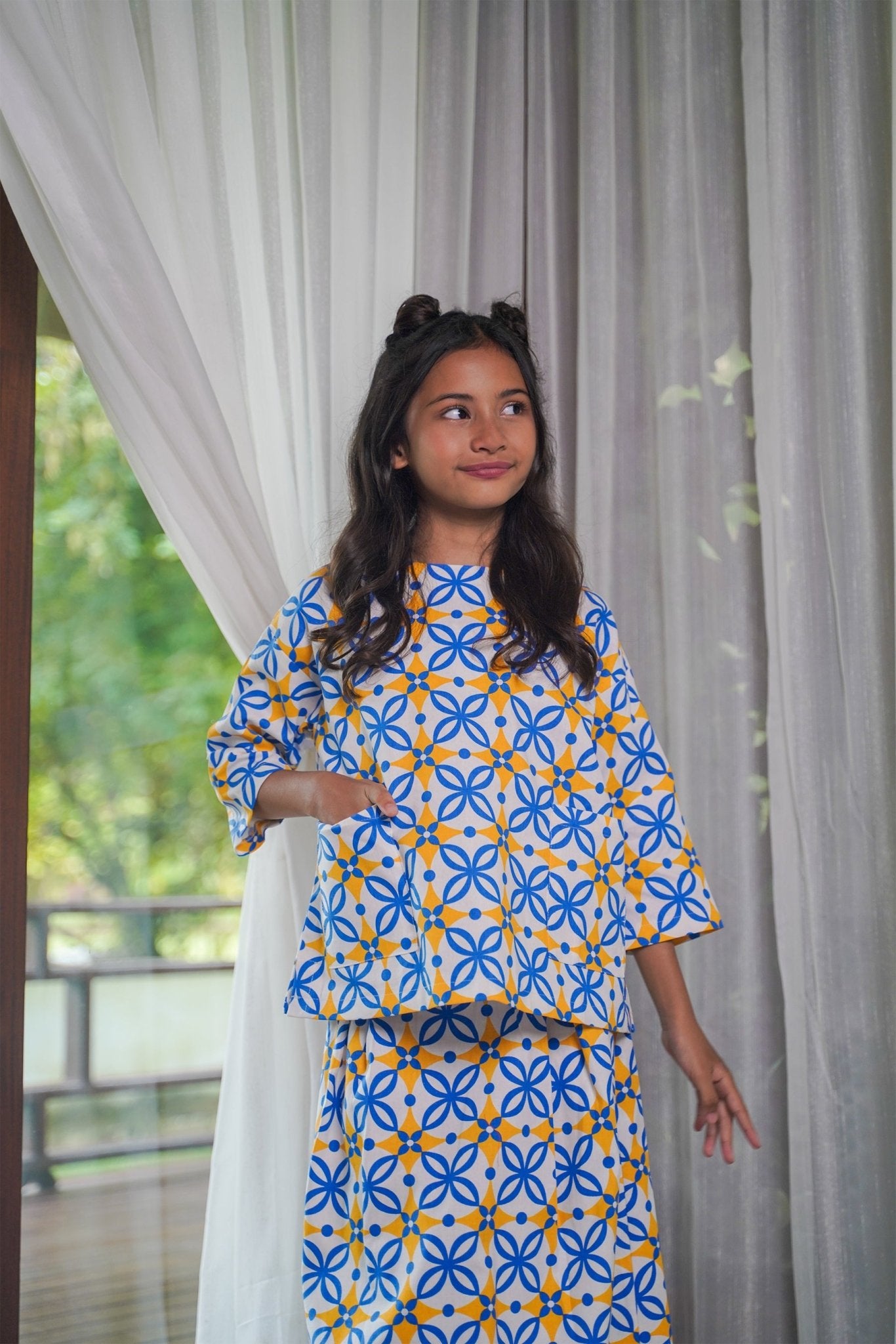 Girl Pair Pockets Boxy Blouse Popcorn Print - Umbi