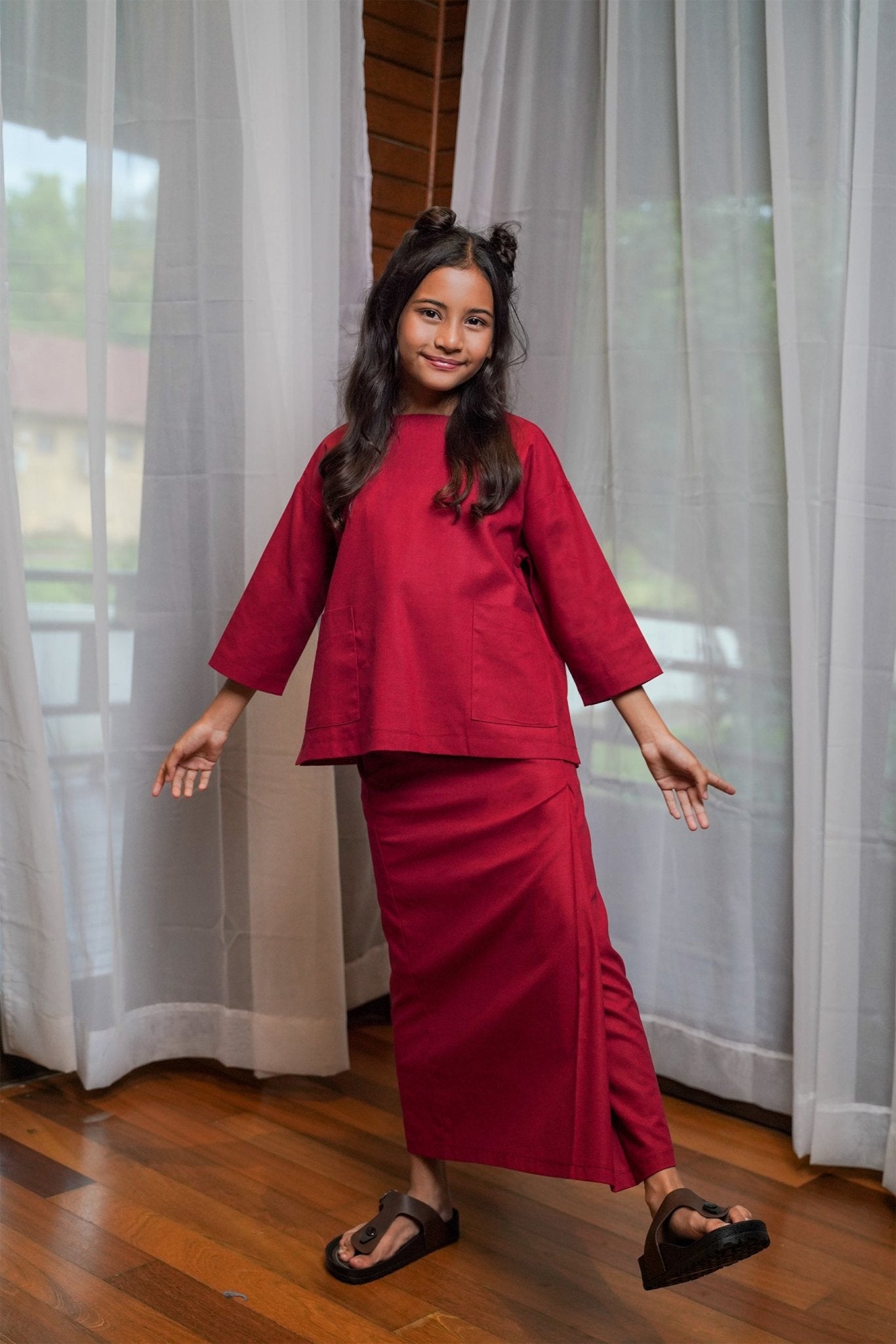 Girl Pair Pockets Boxy Blouse Red - Umbi
