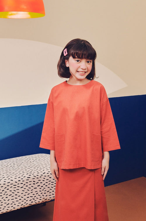 Girl Pair Pockets Boxy Blouse Terracotta