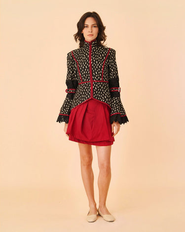 High Collar & Flare Sleeve Two - Piece Set with Pleat Skirt - Umbi