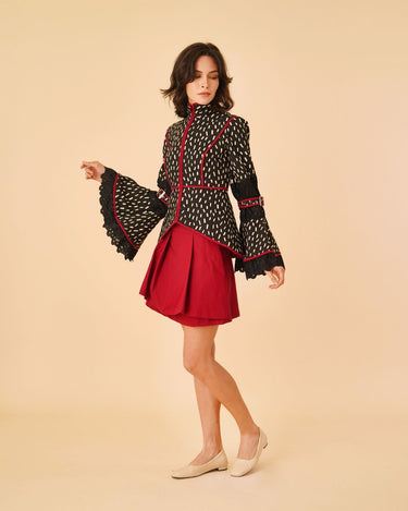 High Collar & Flare Sleeve Two - Piece Set with Pleat Skirt - Umbi