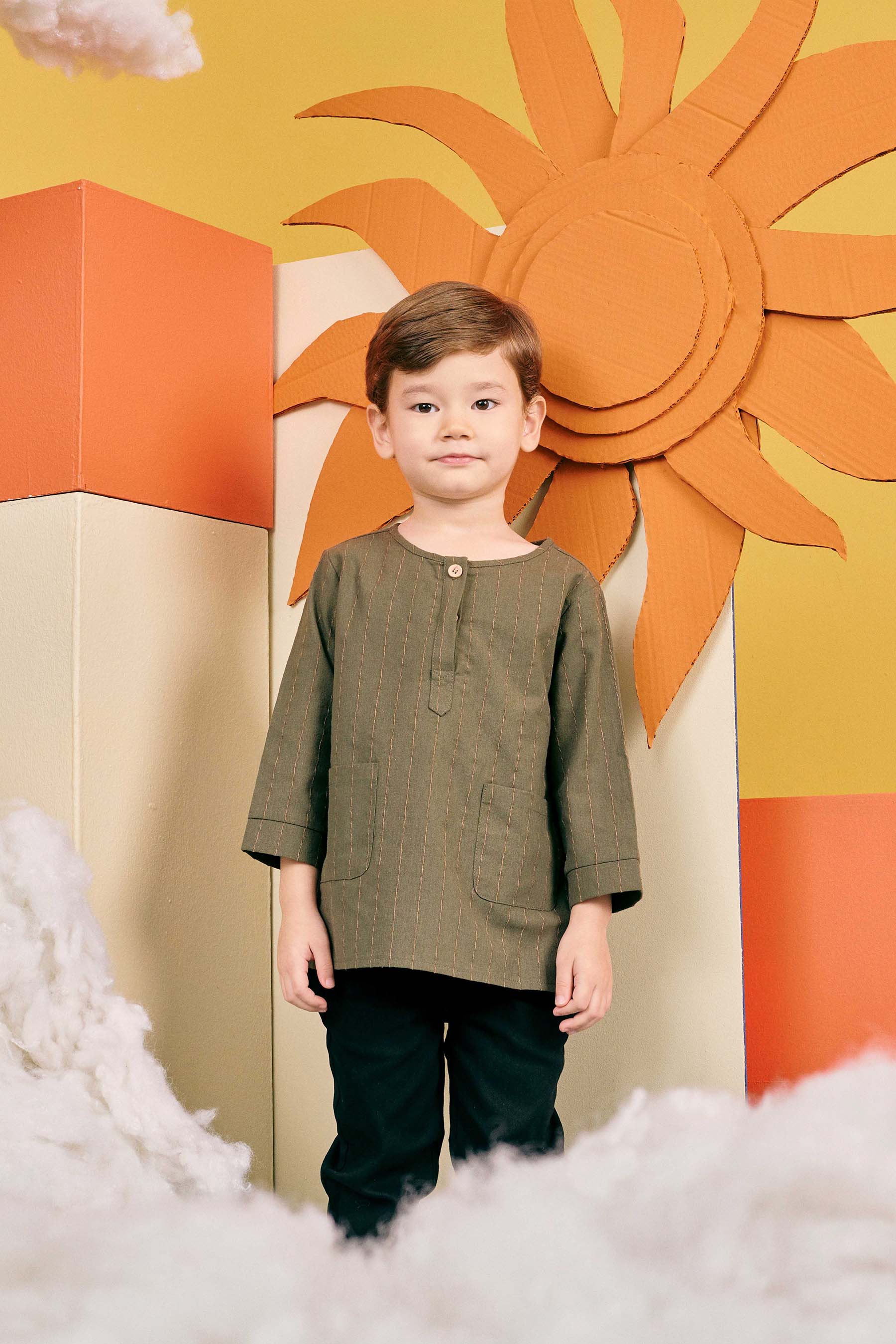   boy top kurta long sleeve button pair pockets eid kenduri raya event wear