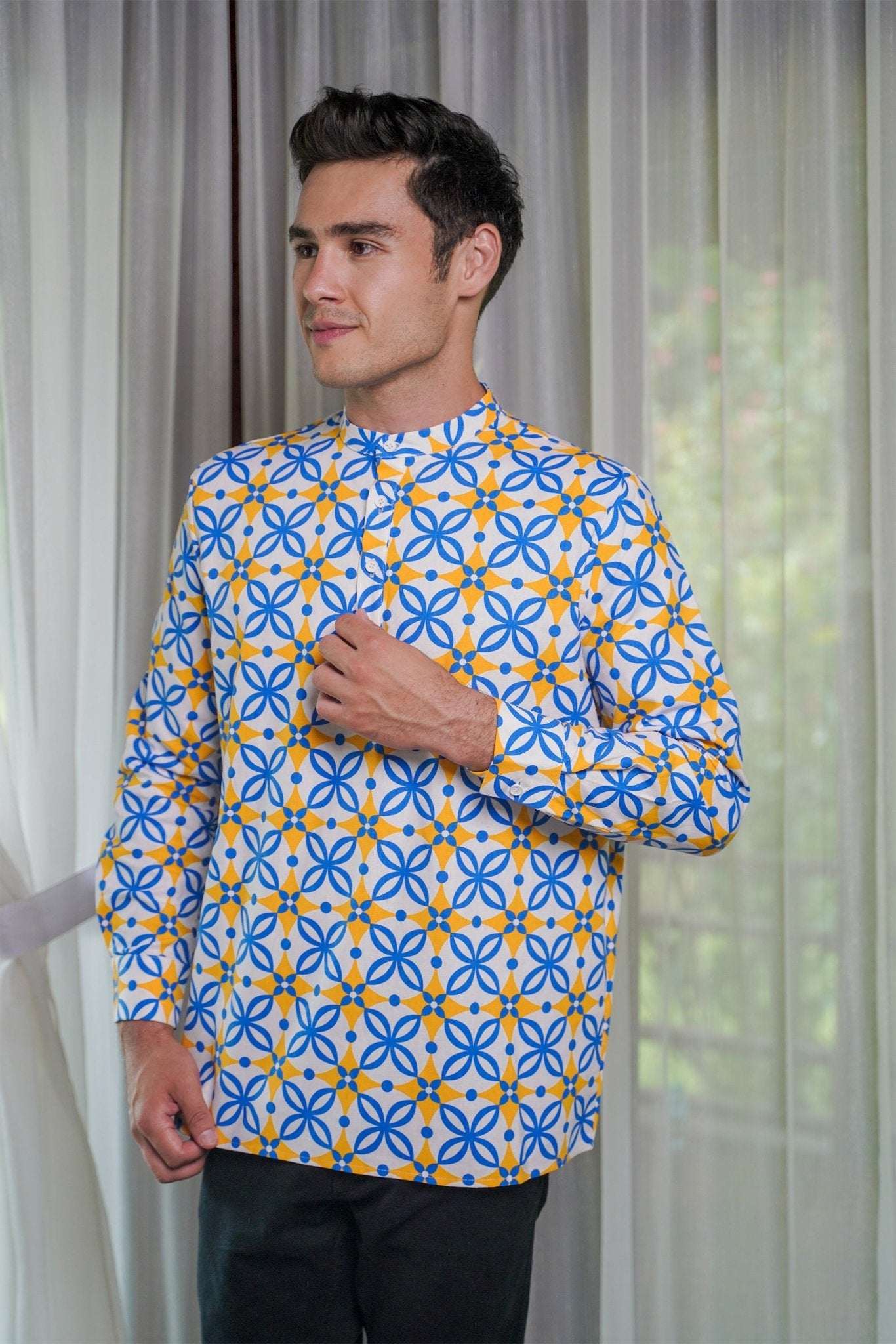 Men Collar Kurta Popcorn Print - Umbi