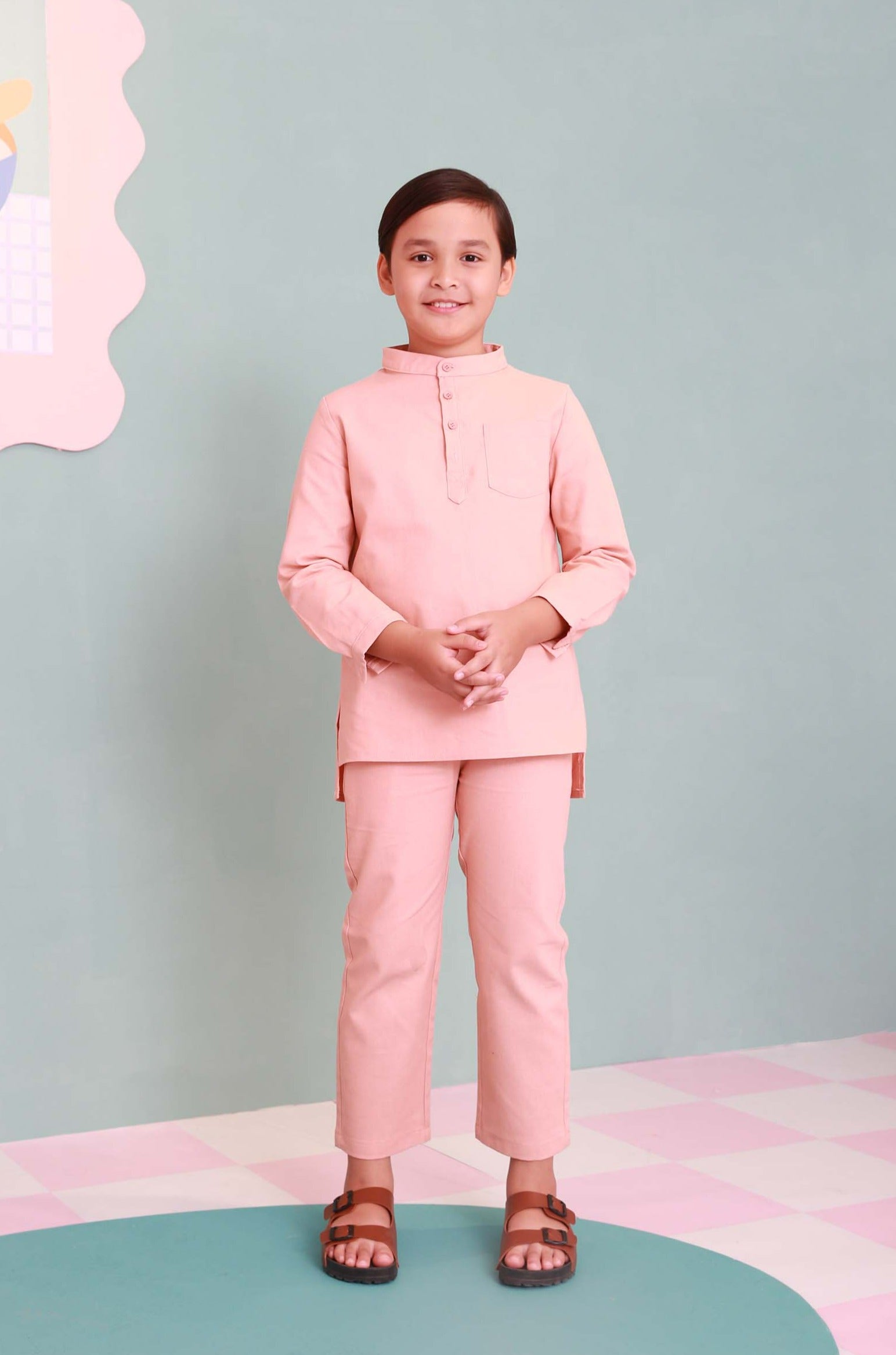 baju raya family sedondon kids boy baju melayu set blush 