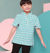 baju raya family sedondon kids boy short sleeve shirt mint drops print 