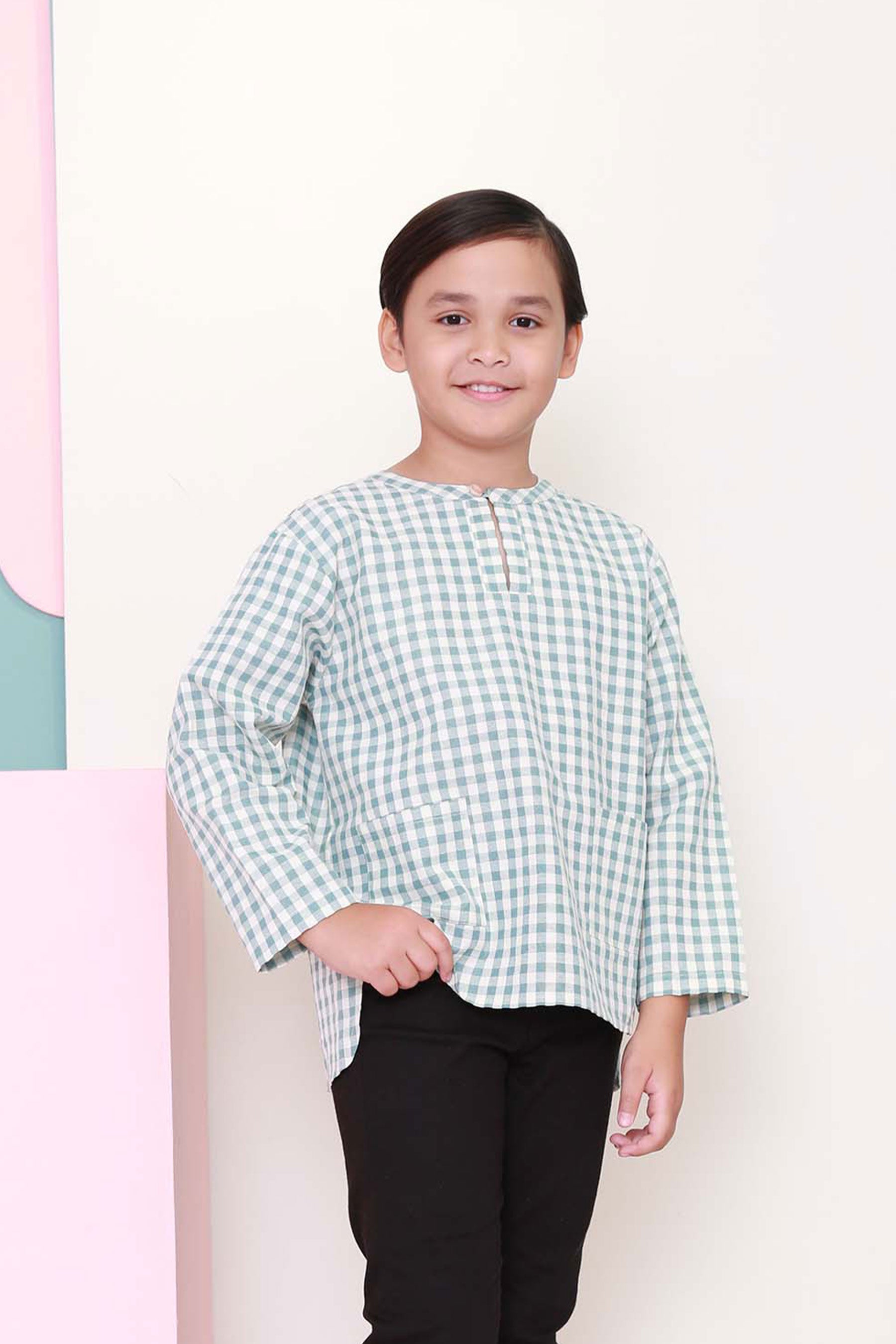 baju raya family sedondon kids boy teluk belanga kurta top checked tiffany