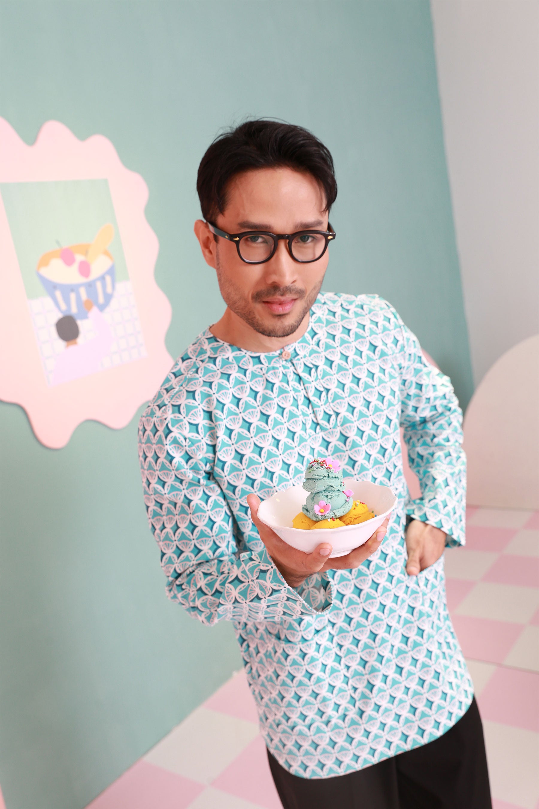 baju raya family sedondon men kurta teluk belanga top mint drop print